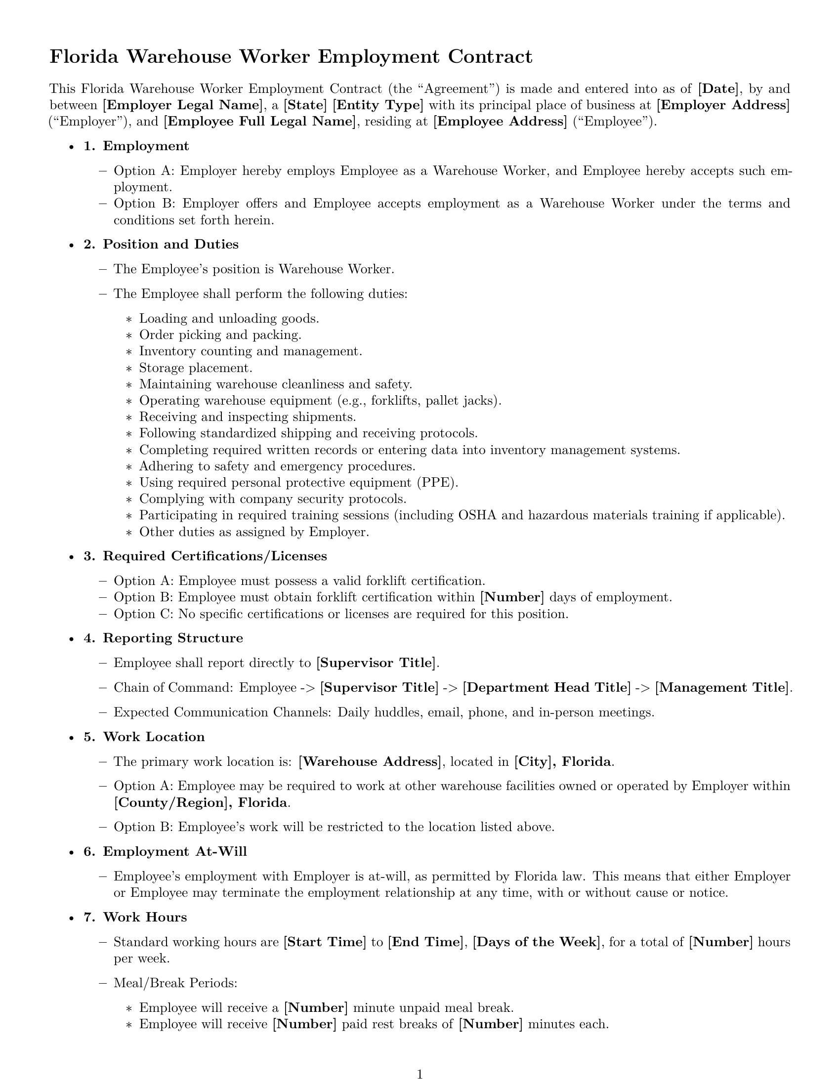 Preview page 1 of Free Florida warehouse worker employment contract template