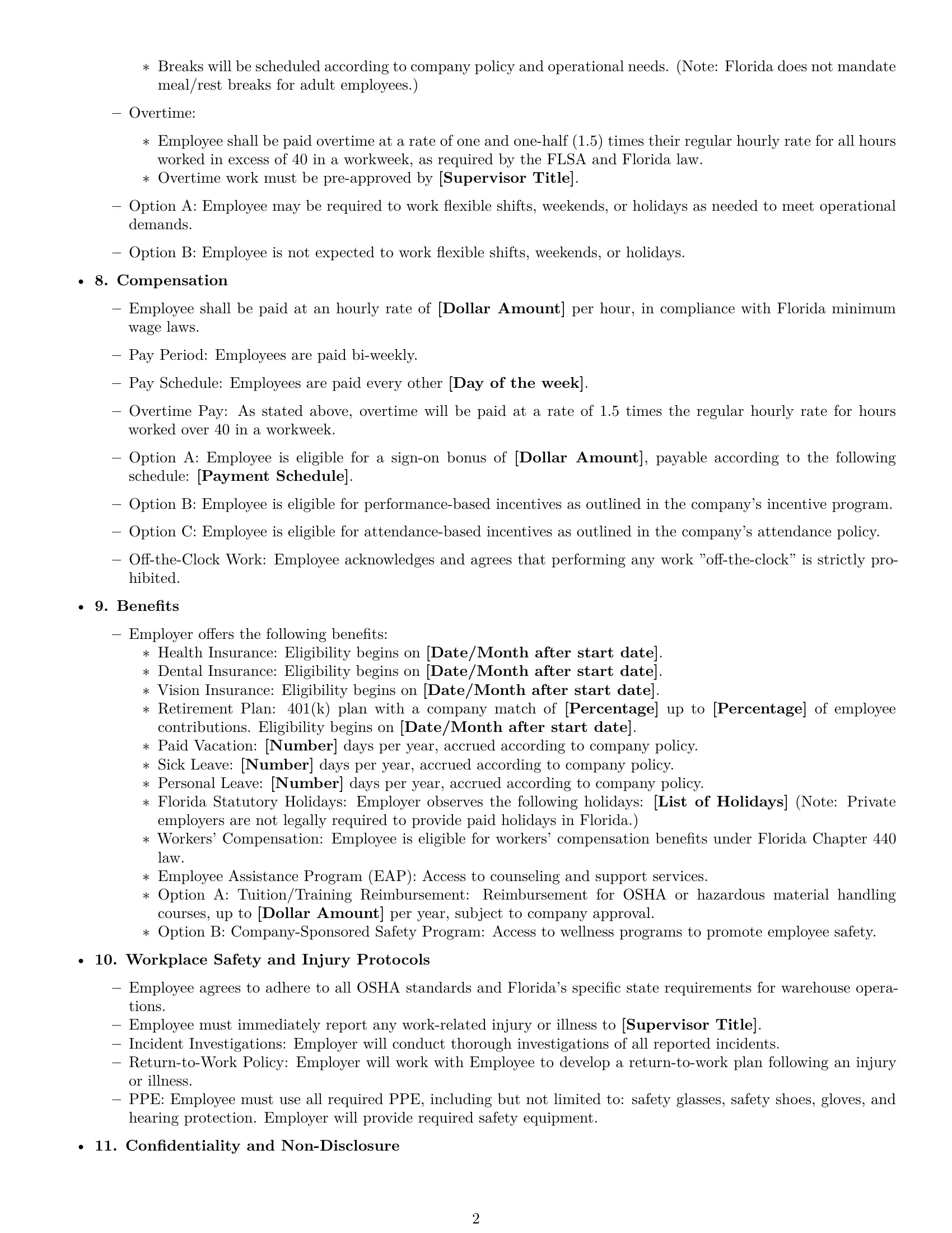 Preview page 2 of Free Florida warehouse worker employment contract template