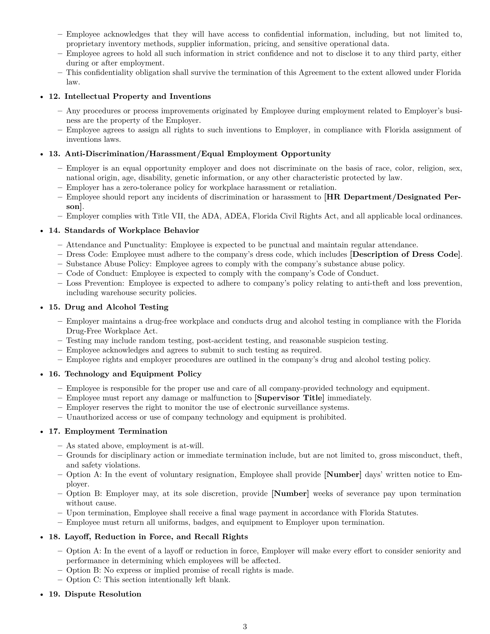 Preview page 3 of Free Florida warehouse worker employment contract template
