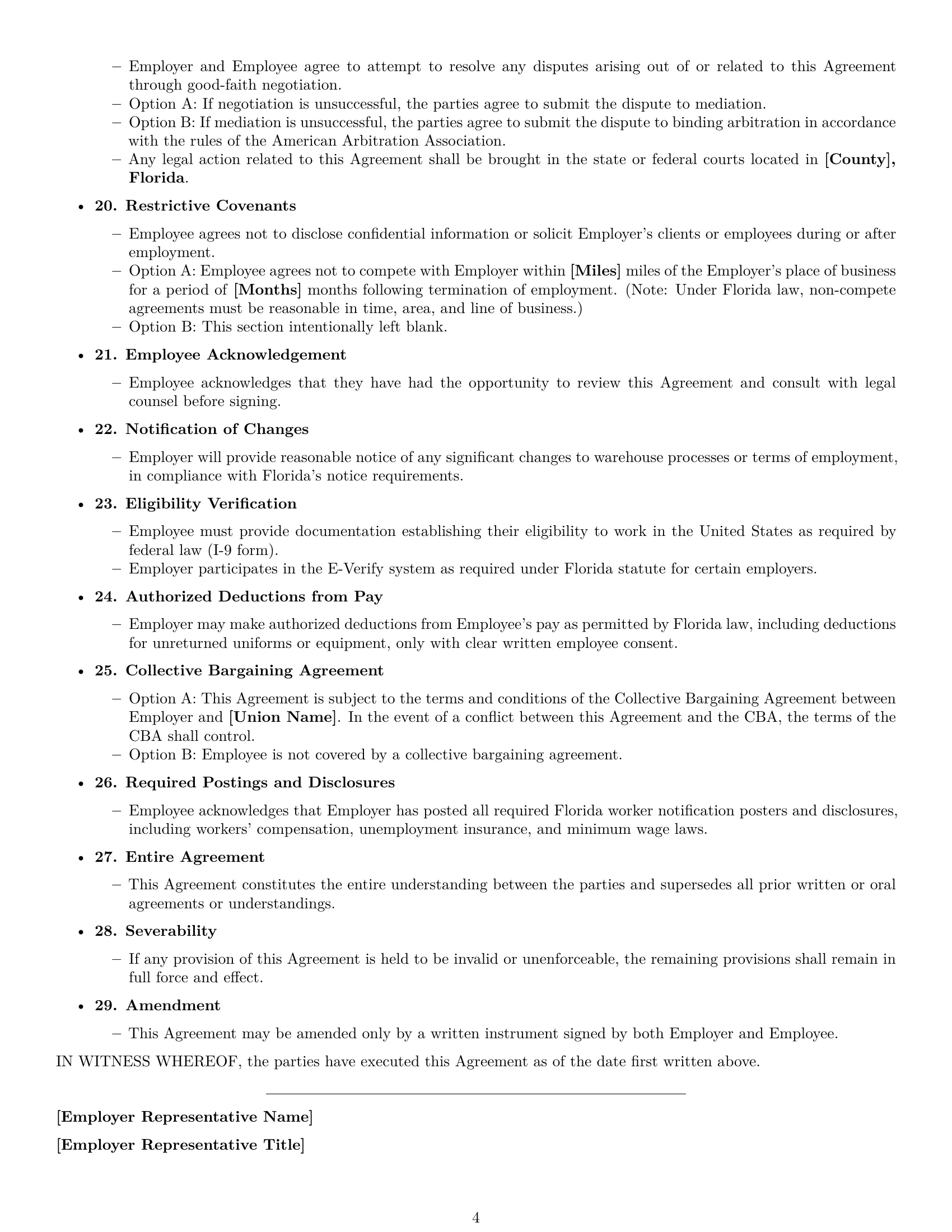 Preview page 4 of Free Florida warehouse worker employment contract template