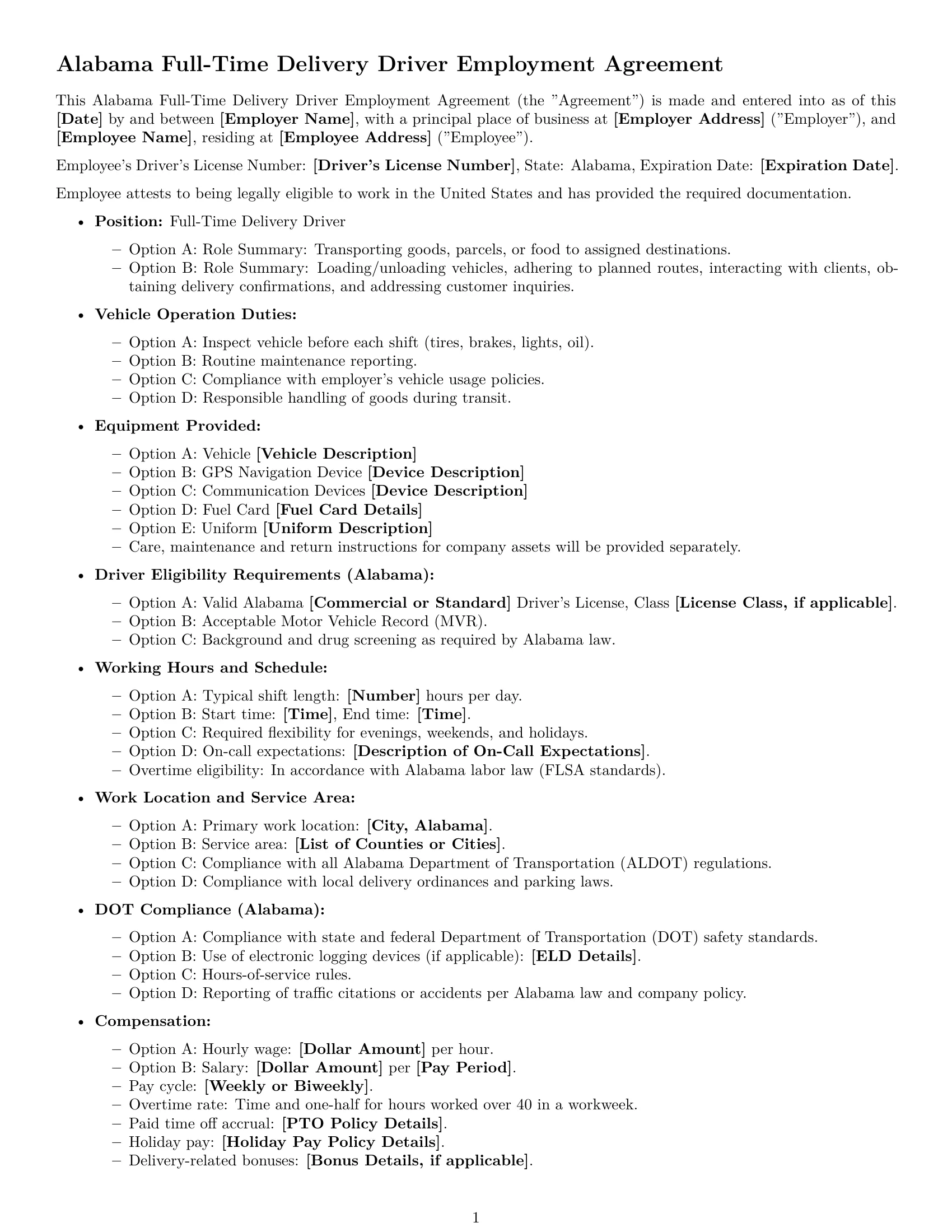 Preview page 1 of Free Alabama delivery driver employment contract template