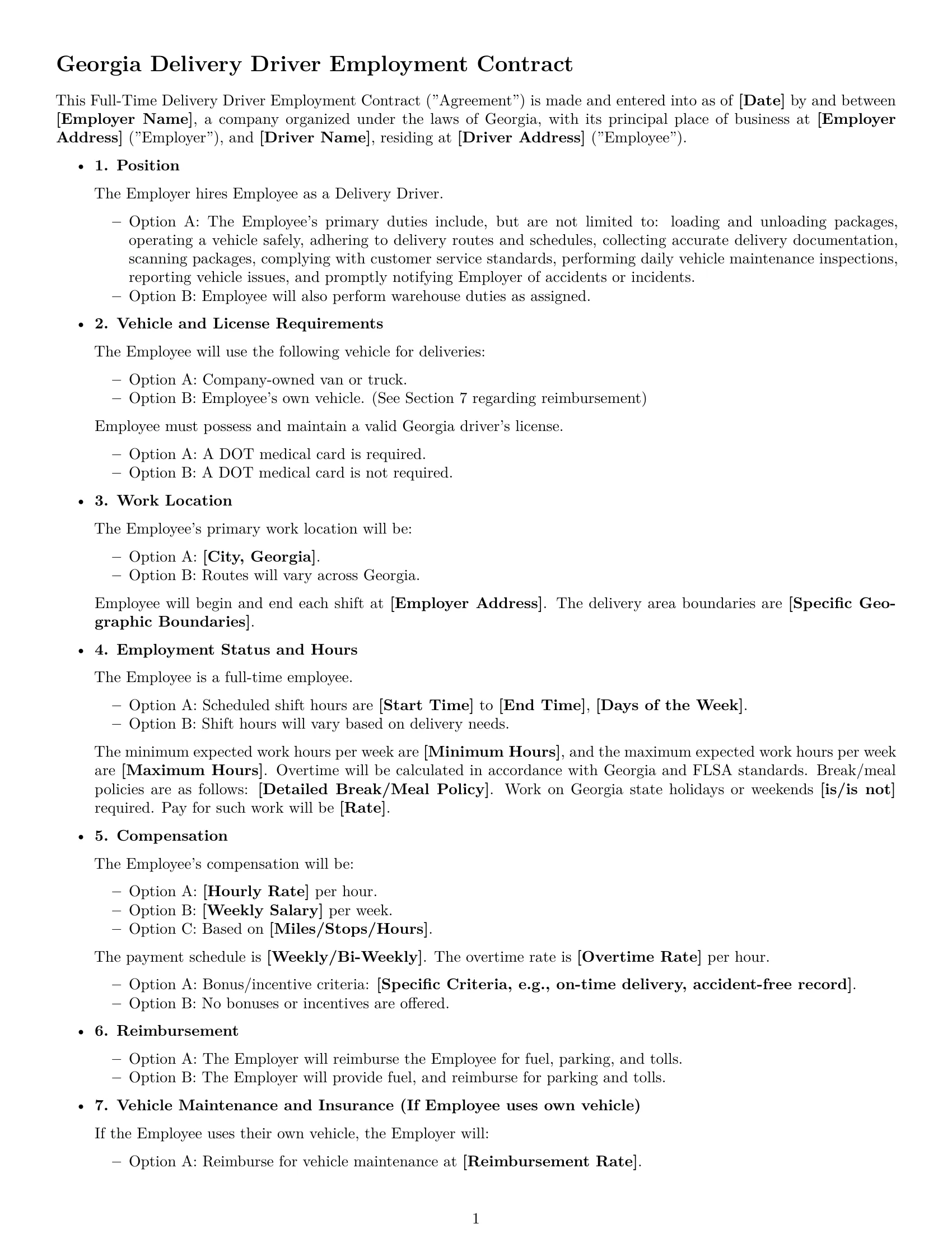 Preview page 1 of Free Georgia delivery driver employment contract template