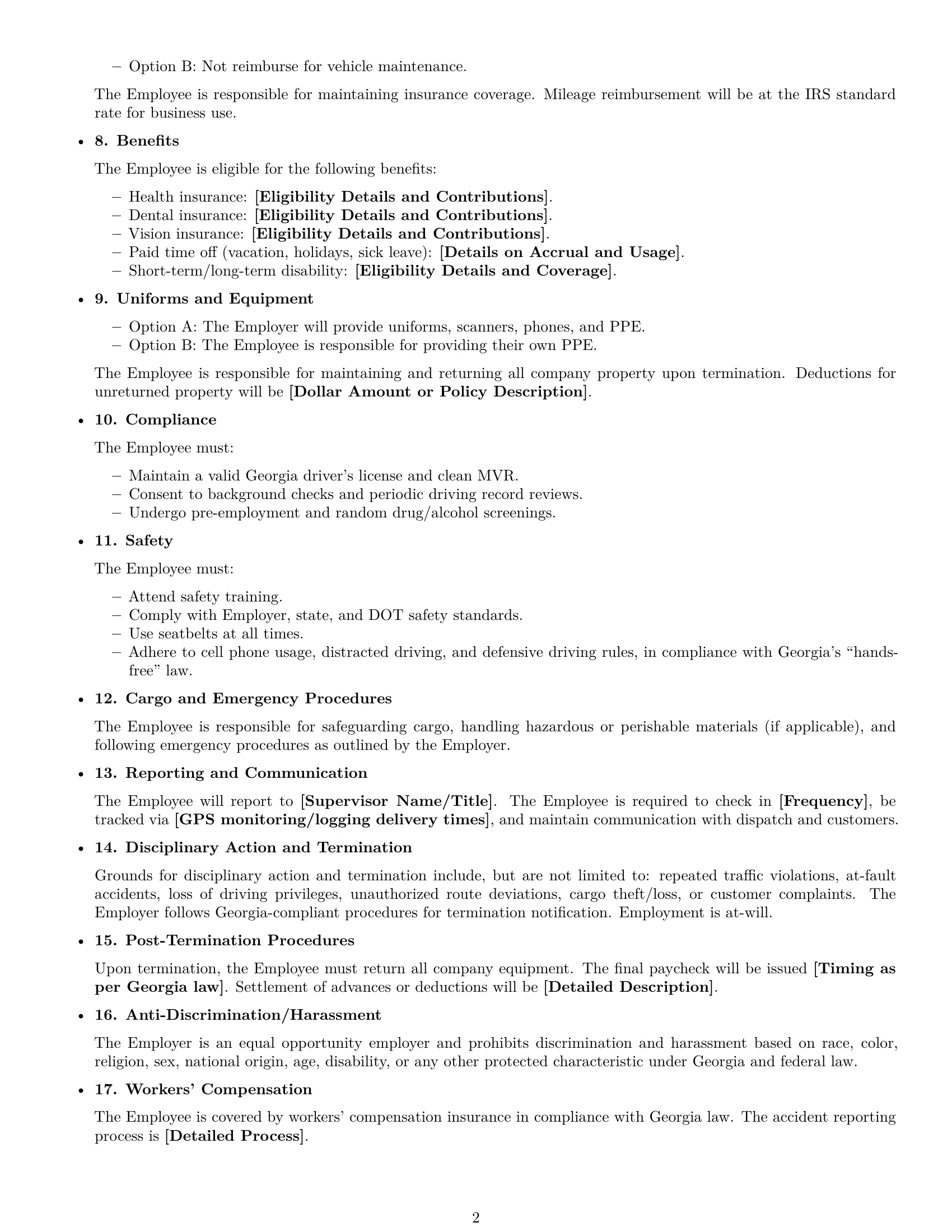 Preview page 2 of Free Georgia delivery driver employment contract template