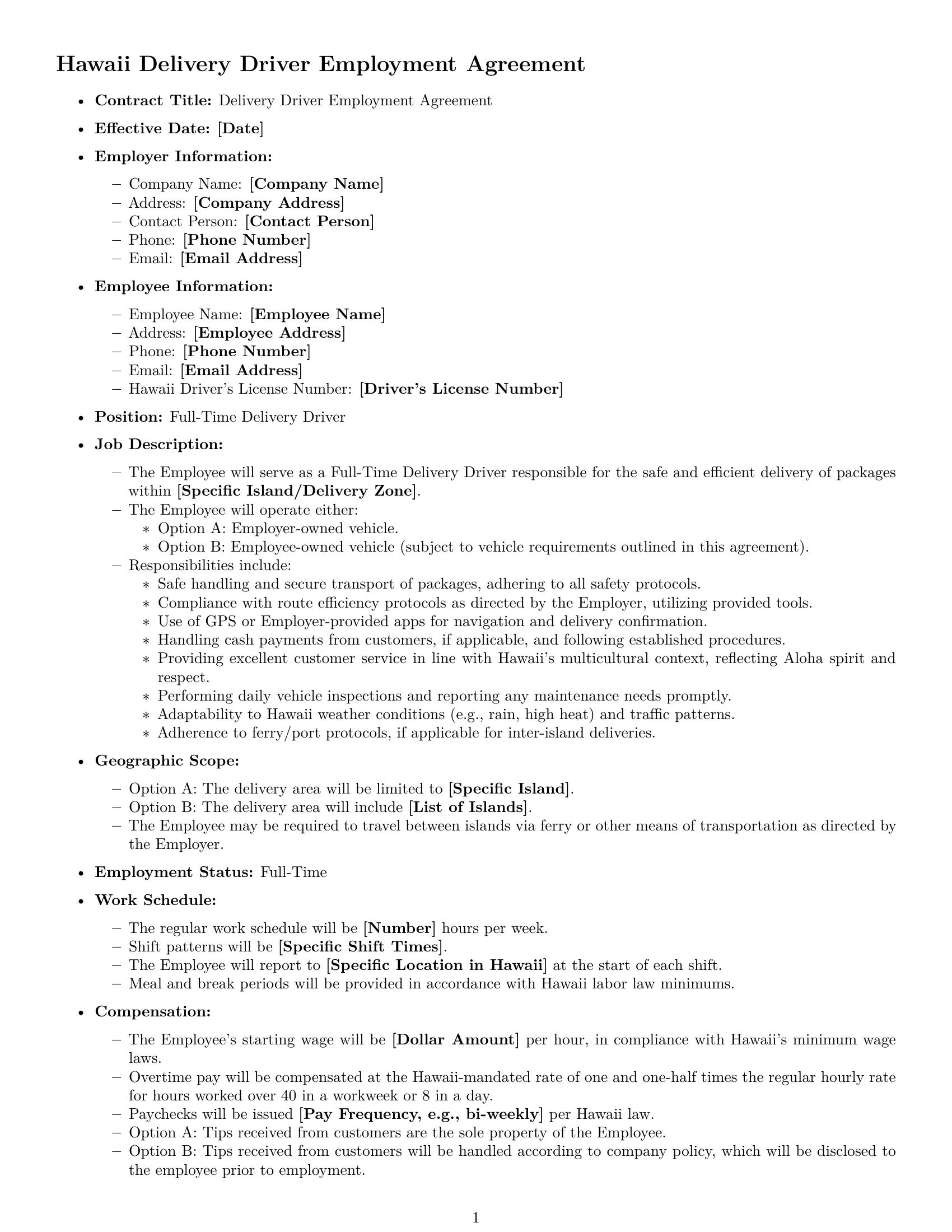 Preview page 1 of Free Hawaii delivery driver employment contract template