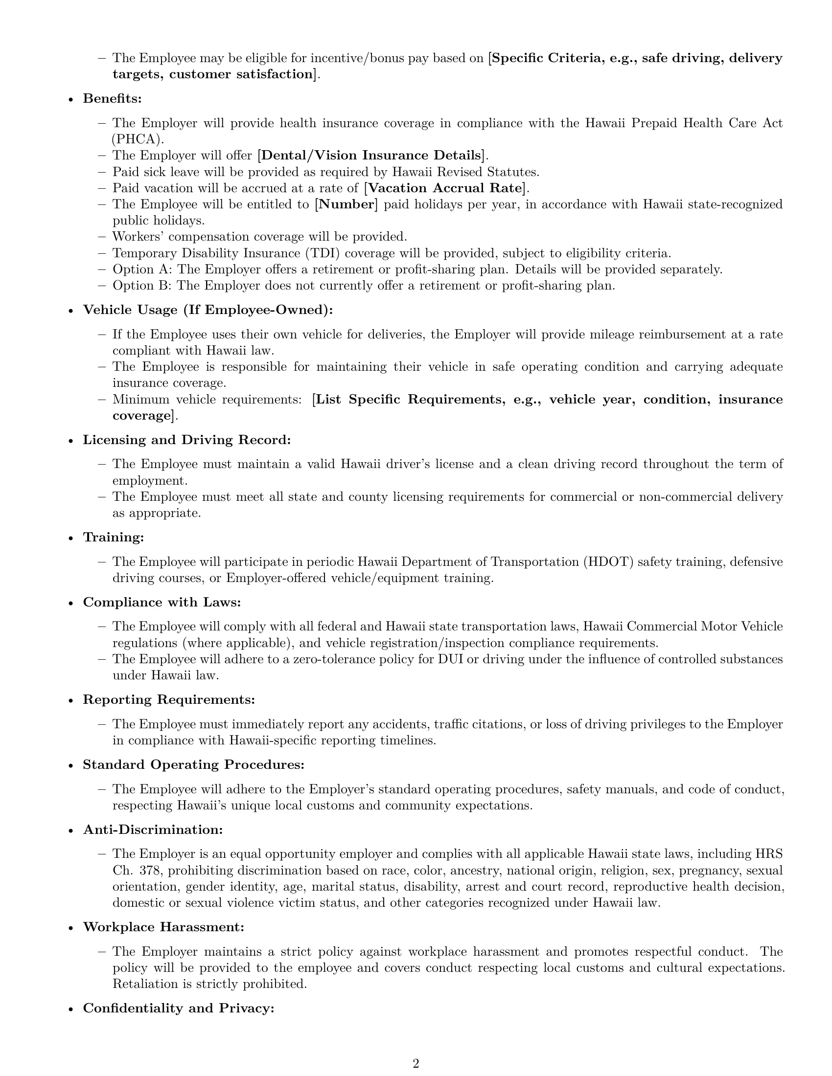 Preview page 2 of Free Hawaii delivery driver employment contract template