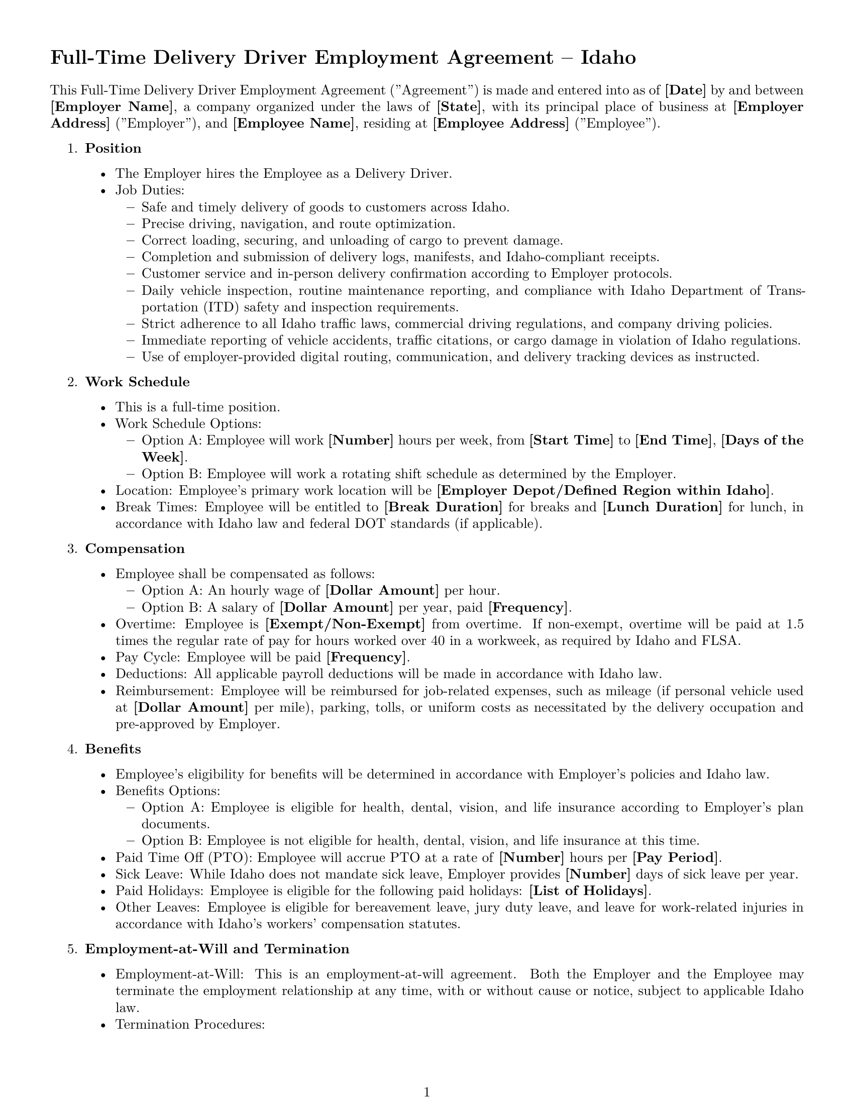 Preview page 1 of Free Idaho delivery driver employment contract template