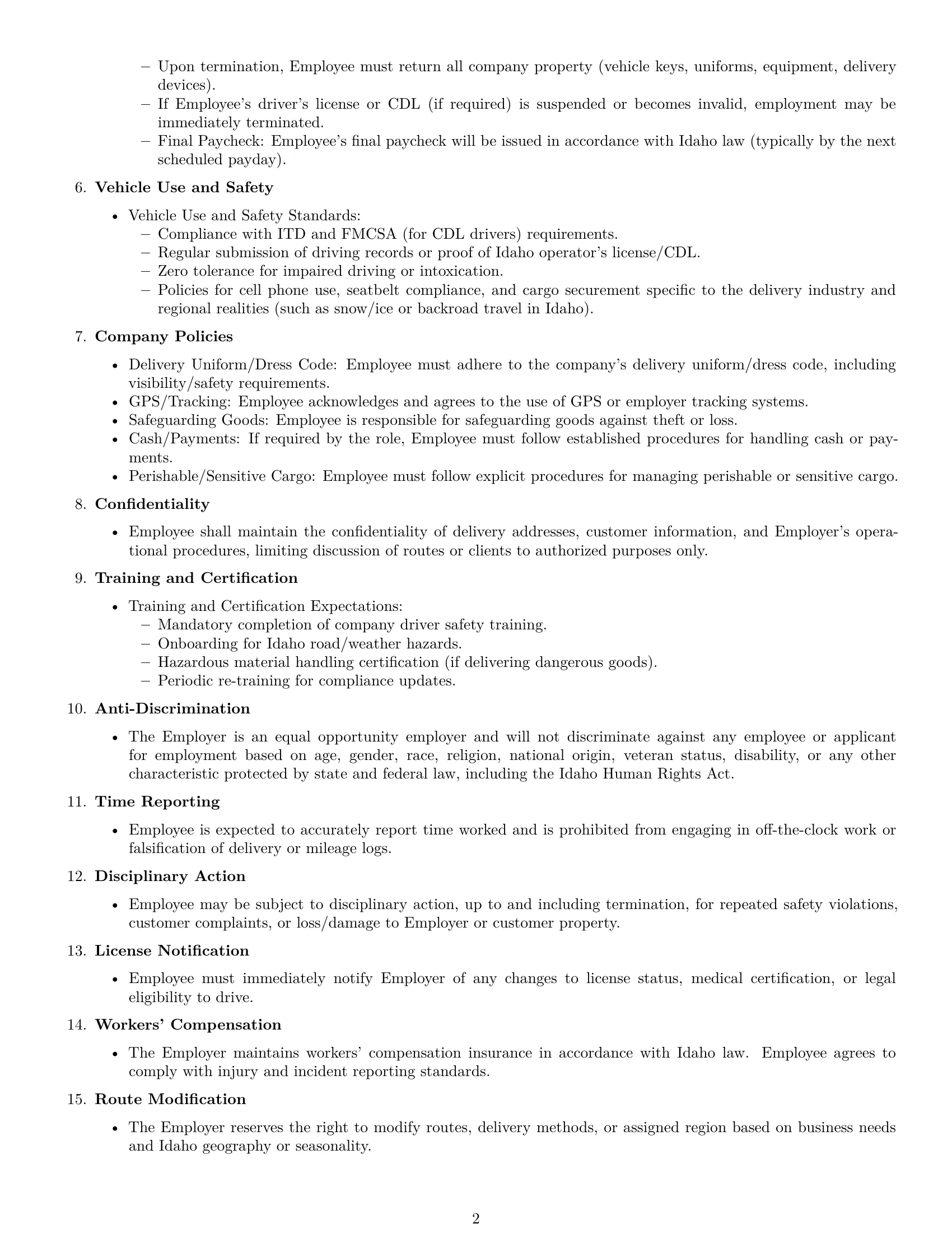 Preview page 2 of Free Idaho delivery driver employment contract template