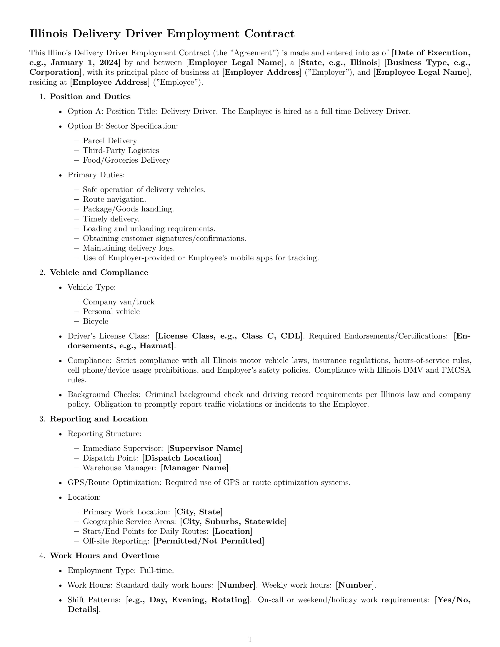 Preview page 1 of Free Illinois delivery driver employment contract template