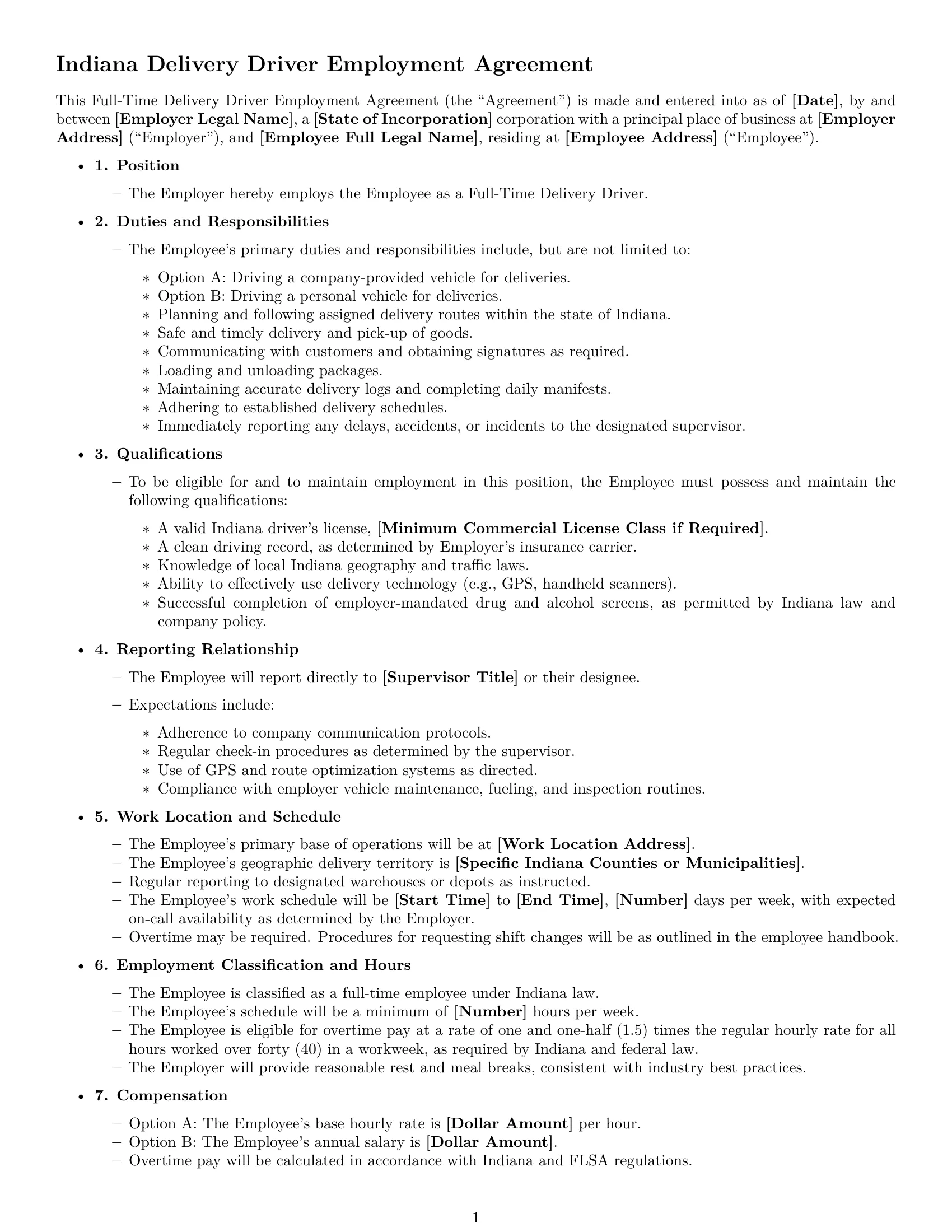 Preview page 1 of Free Indiana delivery driver employment contract template