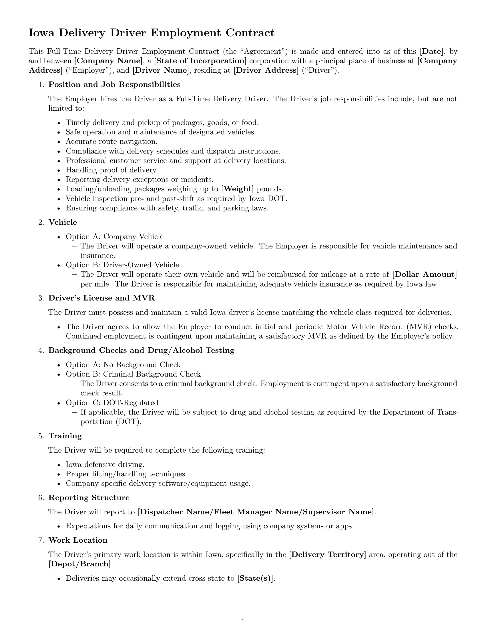 Preview page 1 of Free Iowa delivery driver employment contract template
