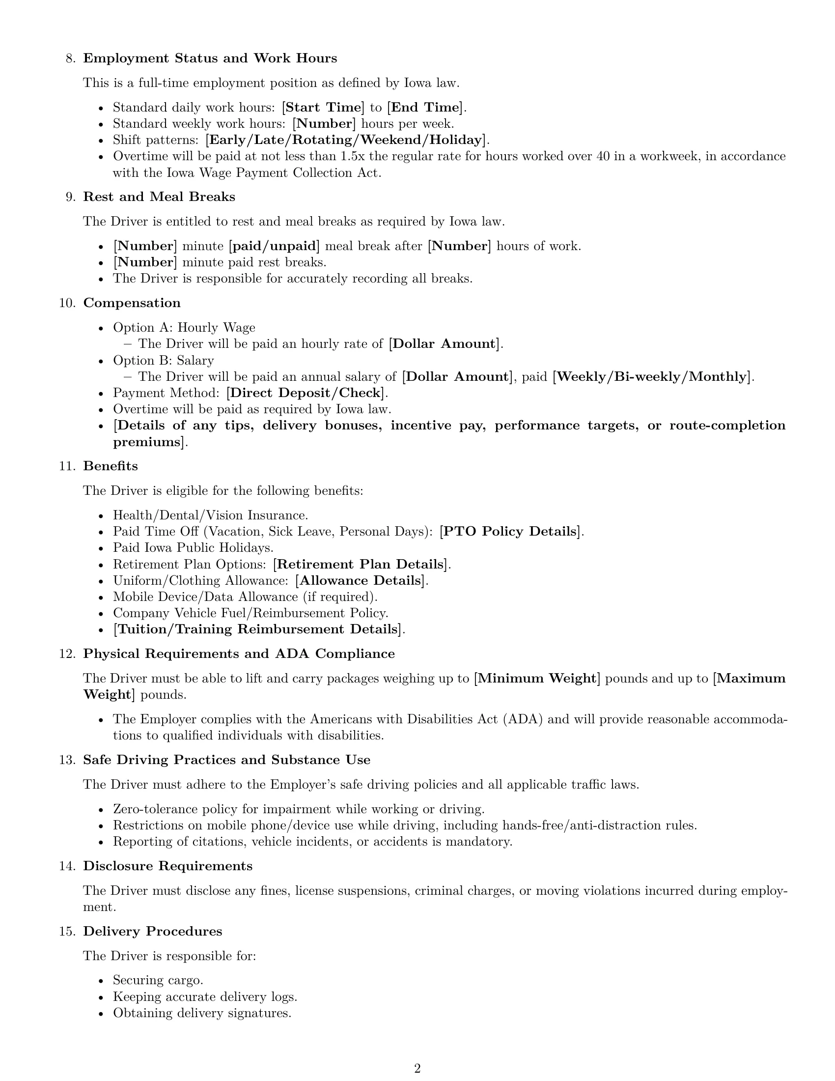 Preview page 2 of Free Iowa delivery driver employment contract template