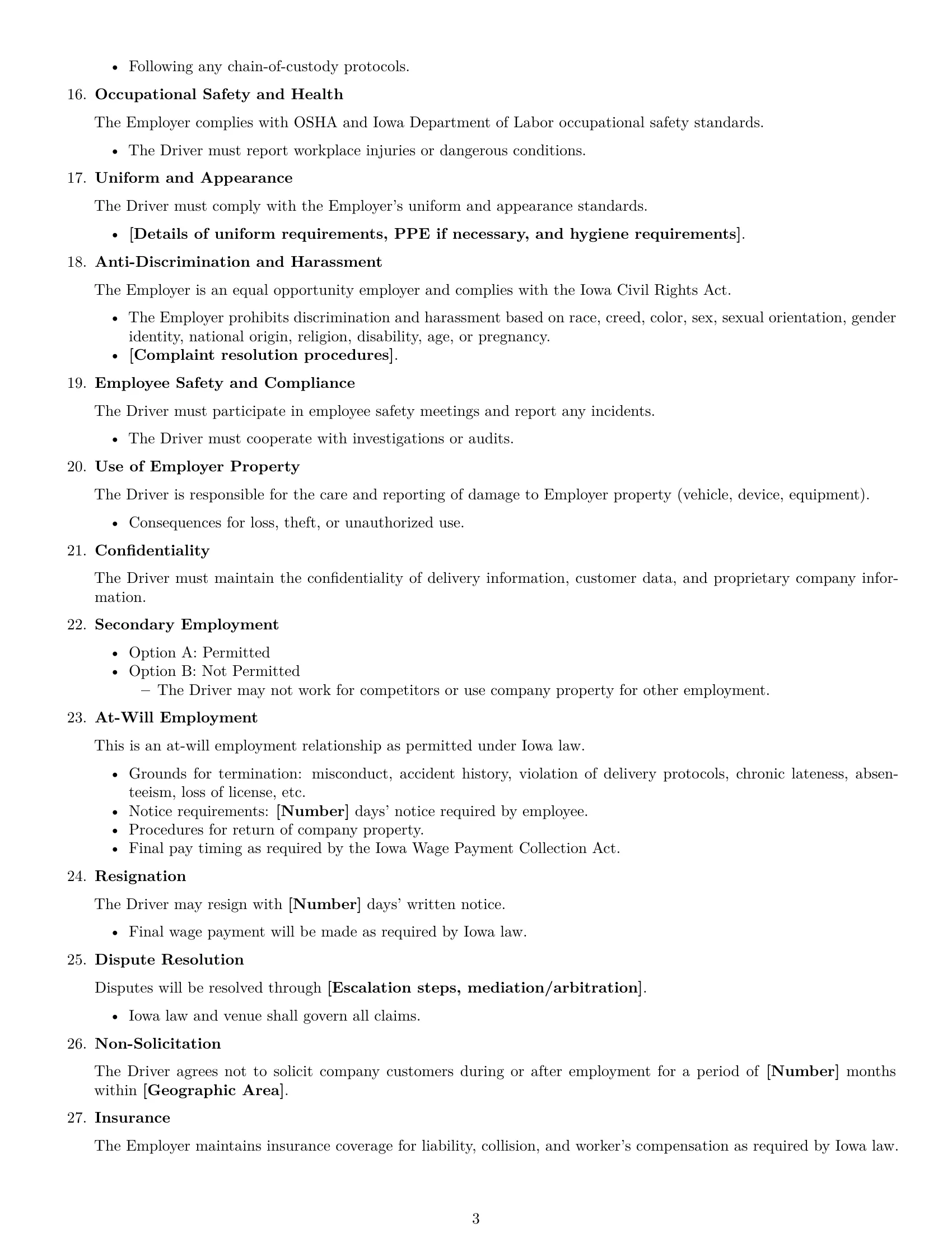 Preview page 3 of Free Iowa delivery driver employment contract template