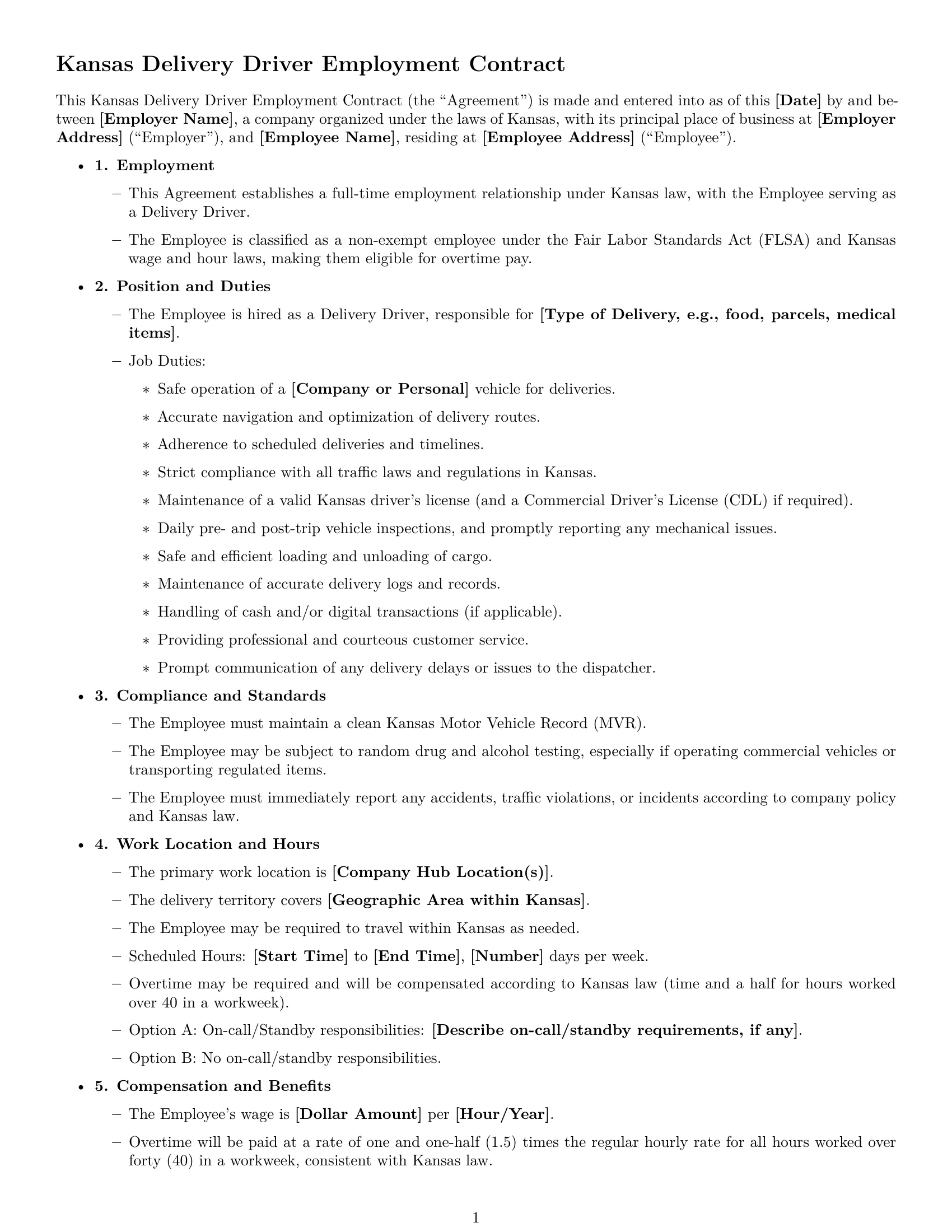 Preview page 1 of Free Kansas delivery driver employment contract template