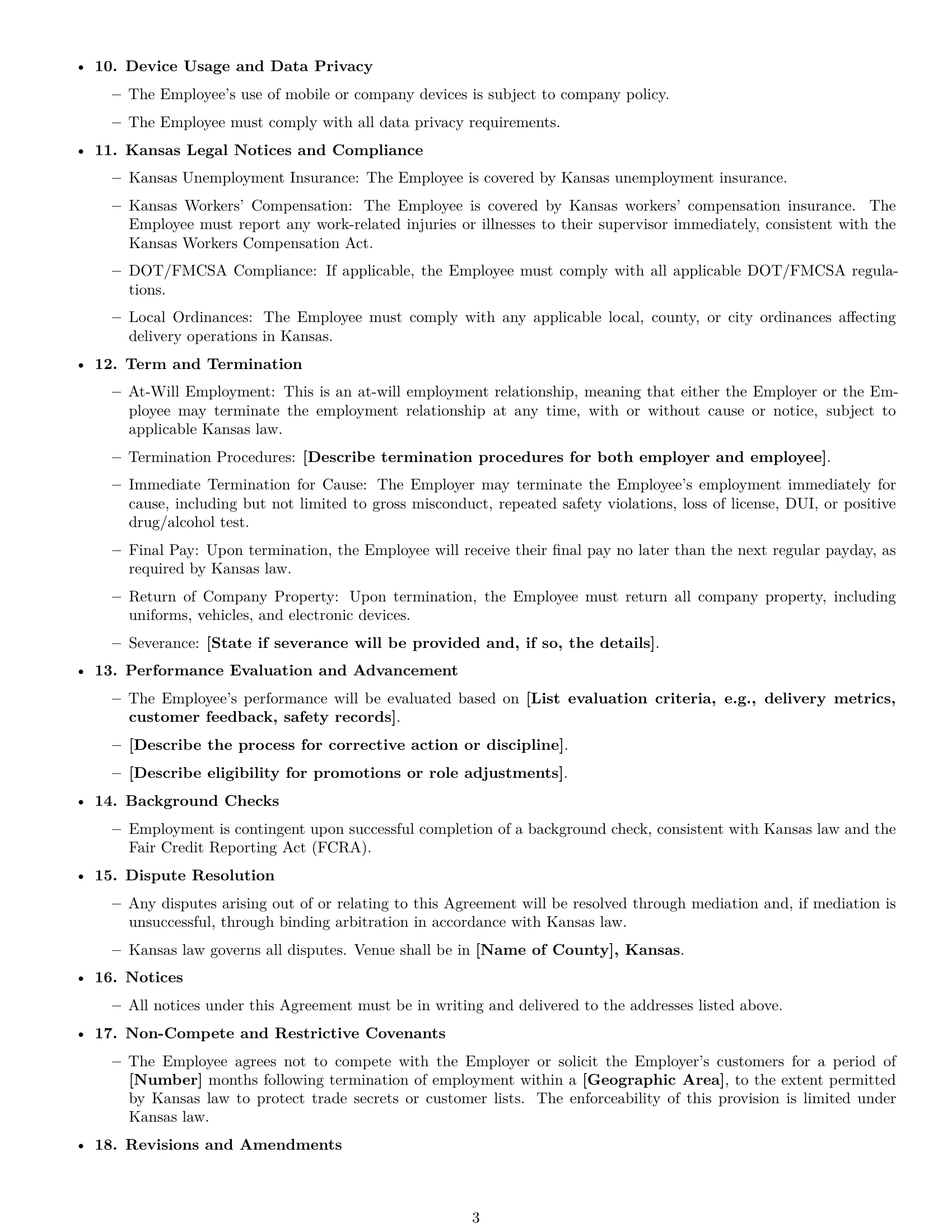 Preview page 3 of Free Kansas delivery driver employment contract template
