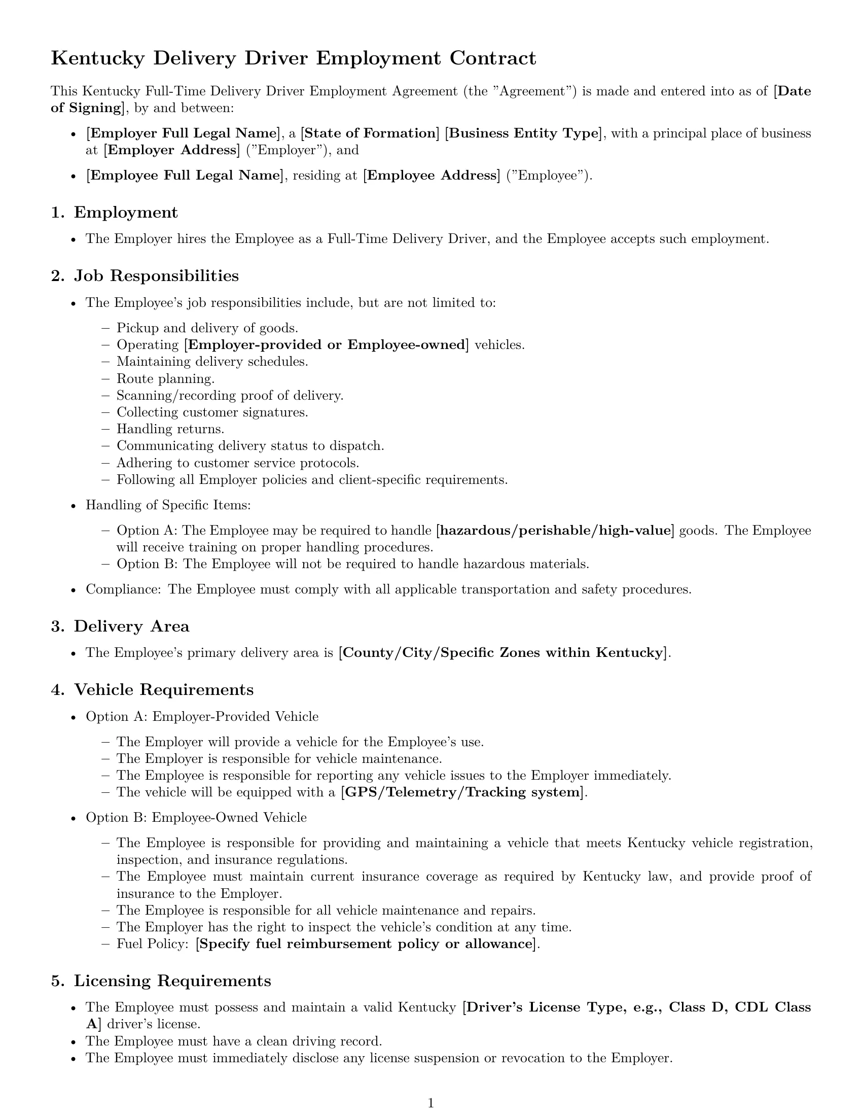 Preview page 1 of Free Kentucky delivery driver employment contract template