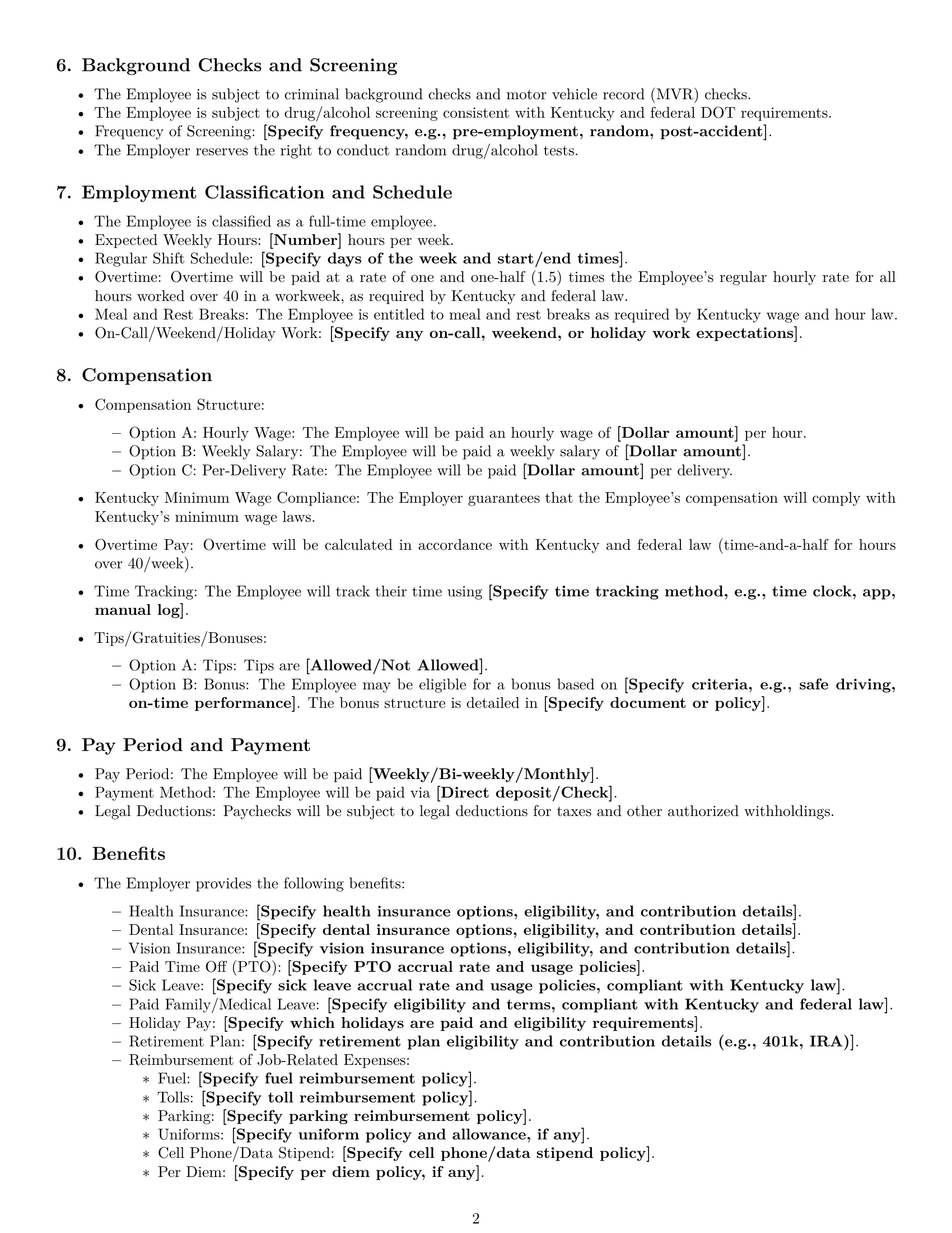 Preview page 2 of Free Kentucky delivery driver employment contract template