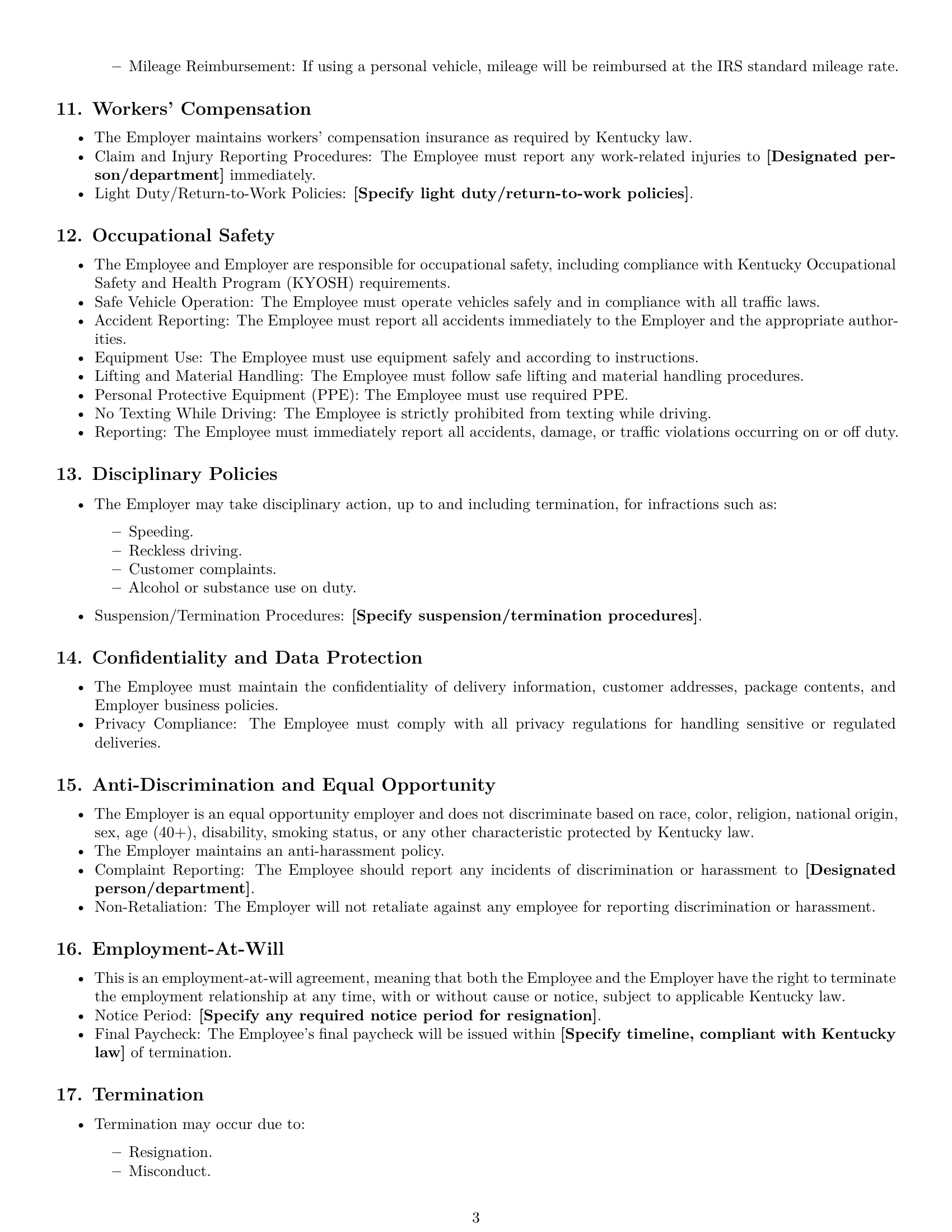 Preview page 3 of Free Kentucky delivery driver employment contract template