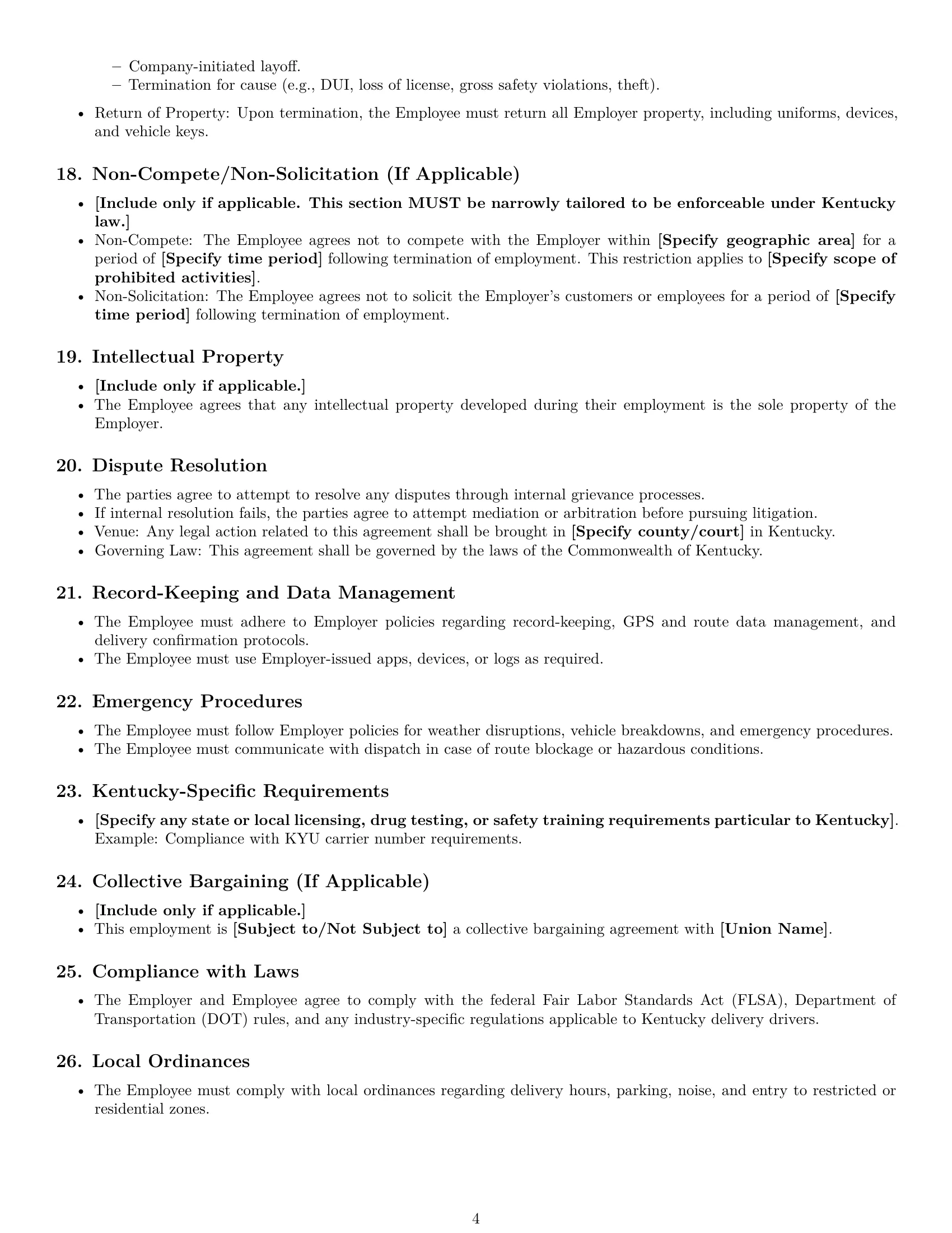 Preview page 4 of Free Kentucky delivery driver employment contract template