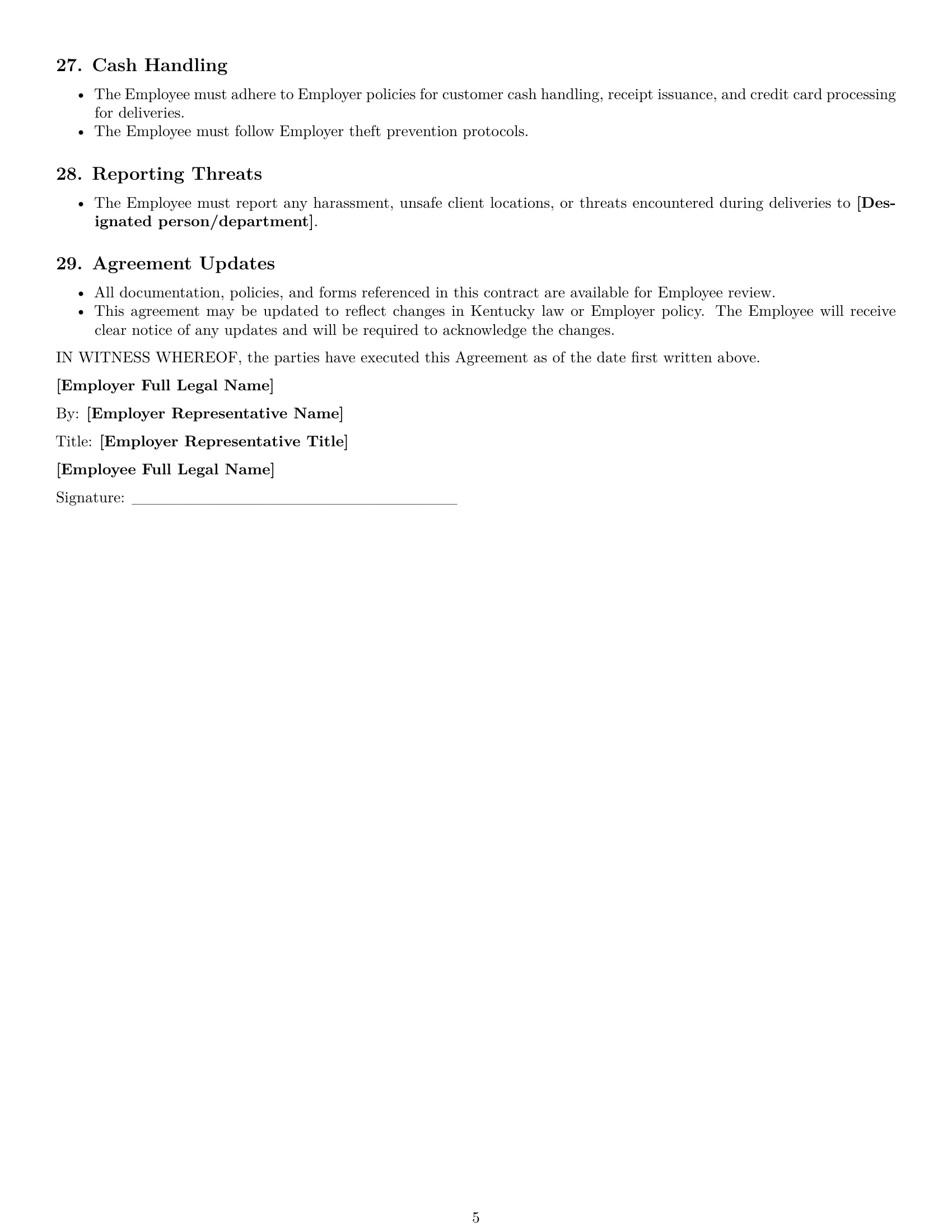 Preview page 5 of Free Kentucky delivery driver employment contract template