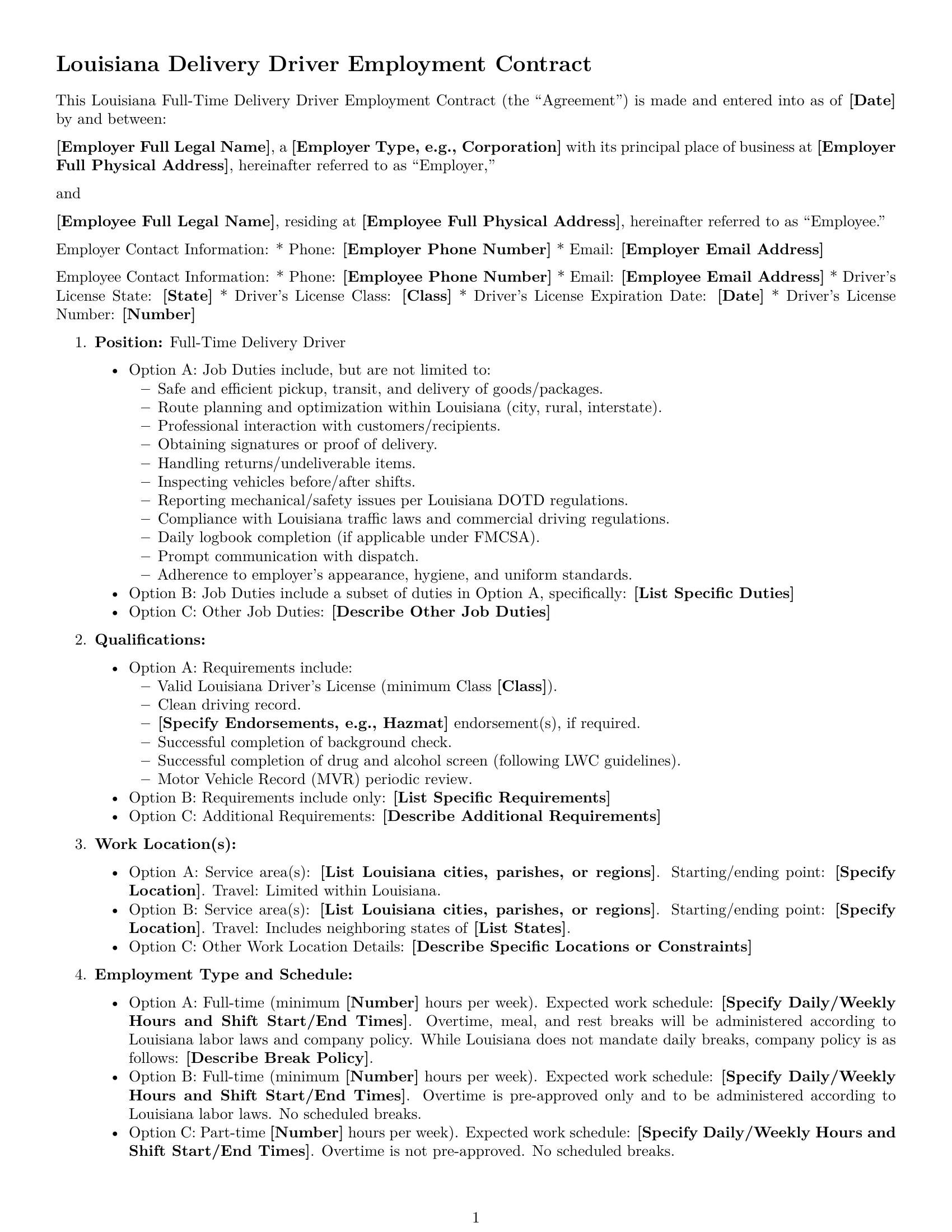 Preview page 1 of Free Louisiana delivery driver employment contract template