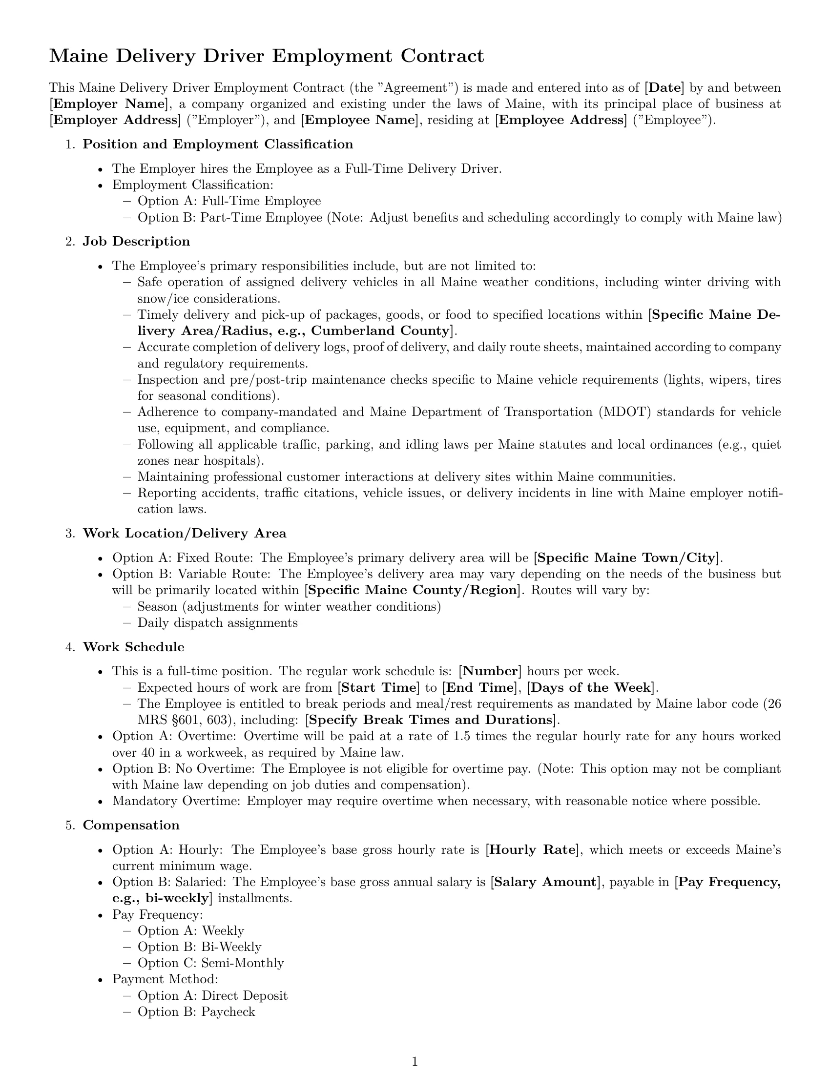 Preview page 1 of Free Maine delivery driver employment contract template