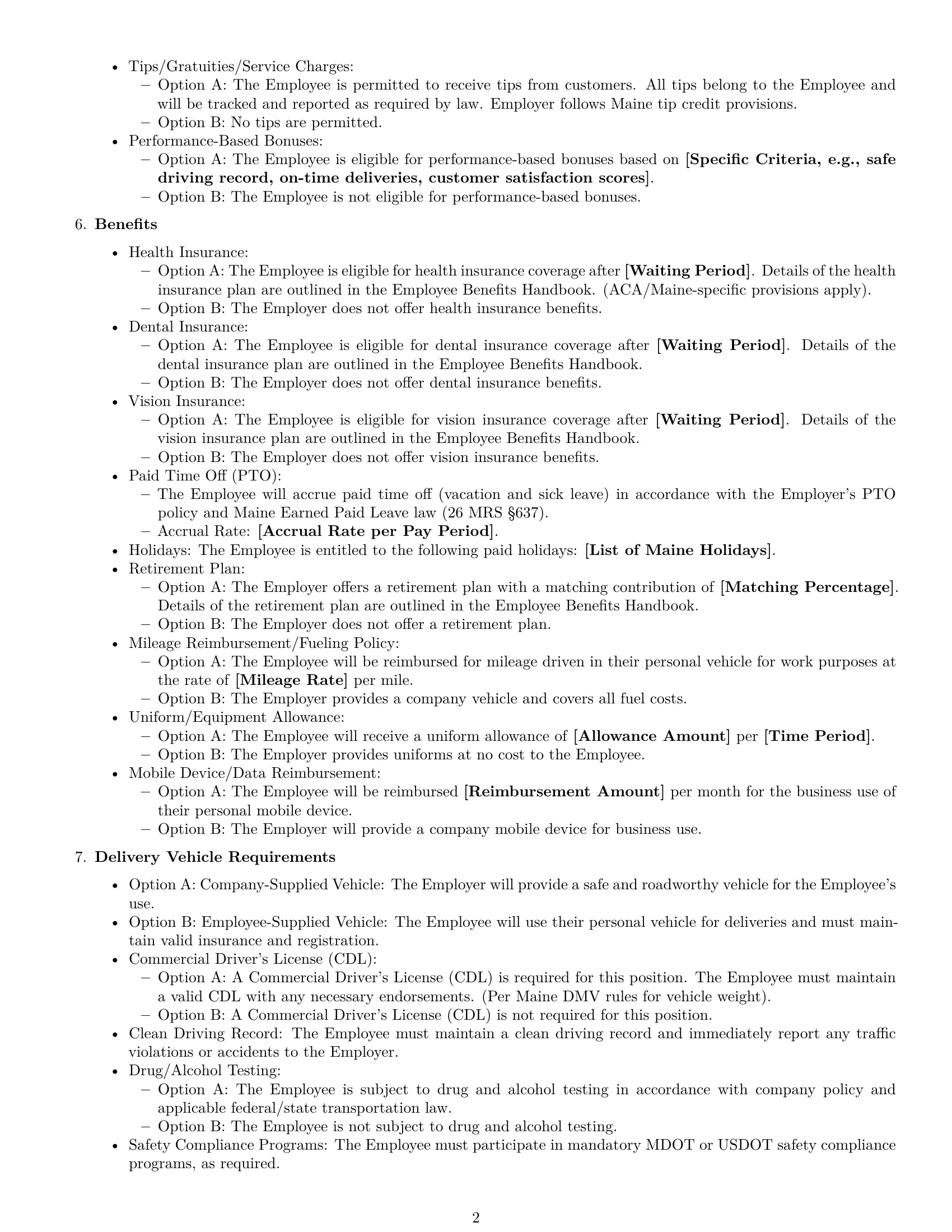 Preview page 2 of Free Maine delivery driver employment contract template
