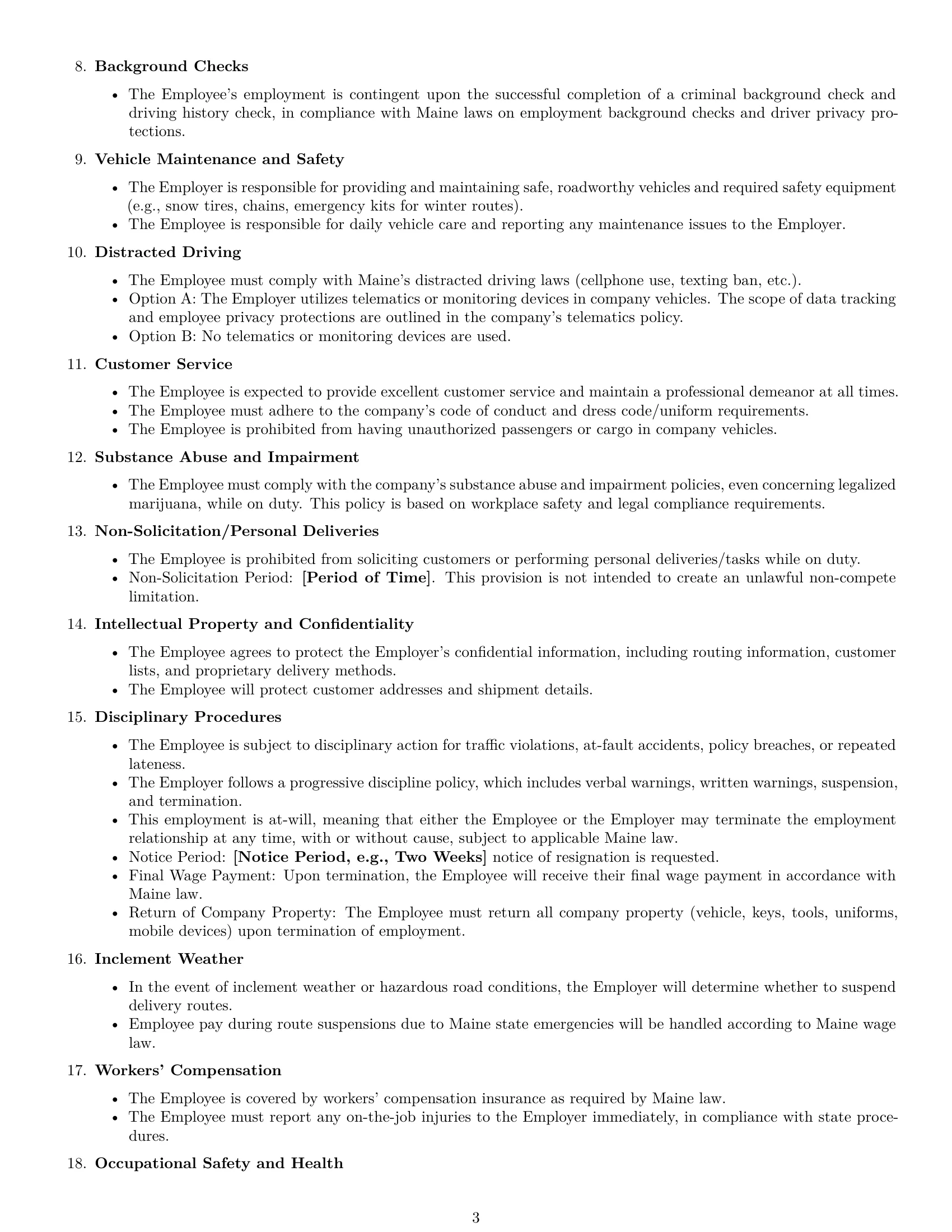Preview page 3 of Free Maine delivery driver employment contract template