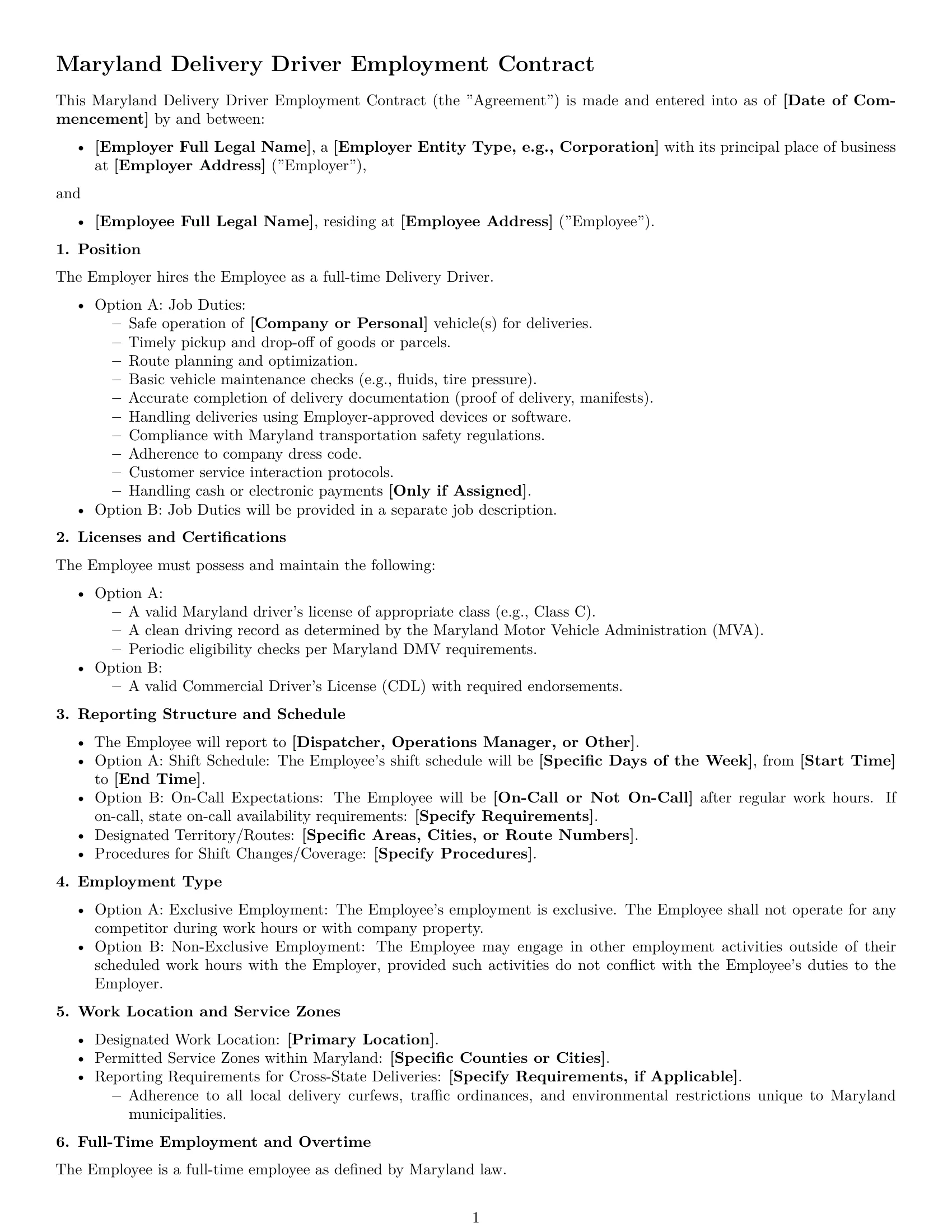 Preview page 1 of Free Maryland delivery driver employment contract template