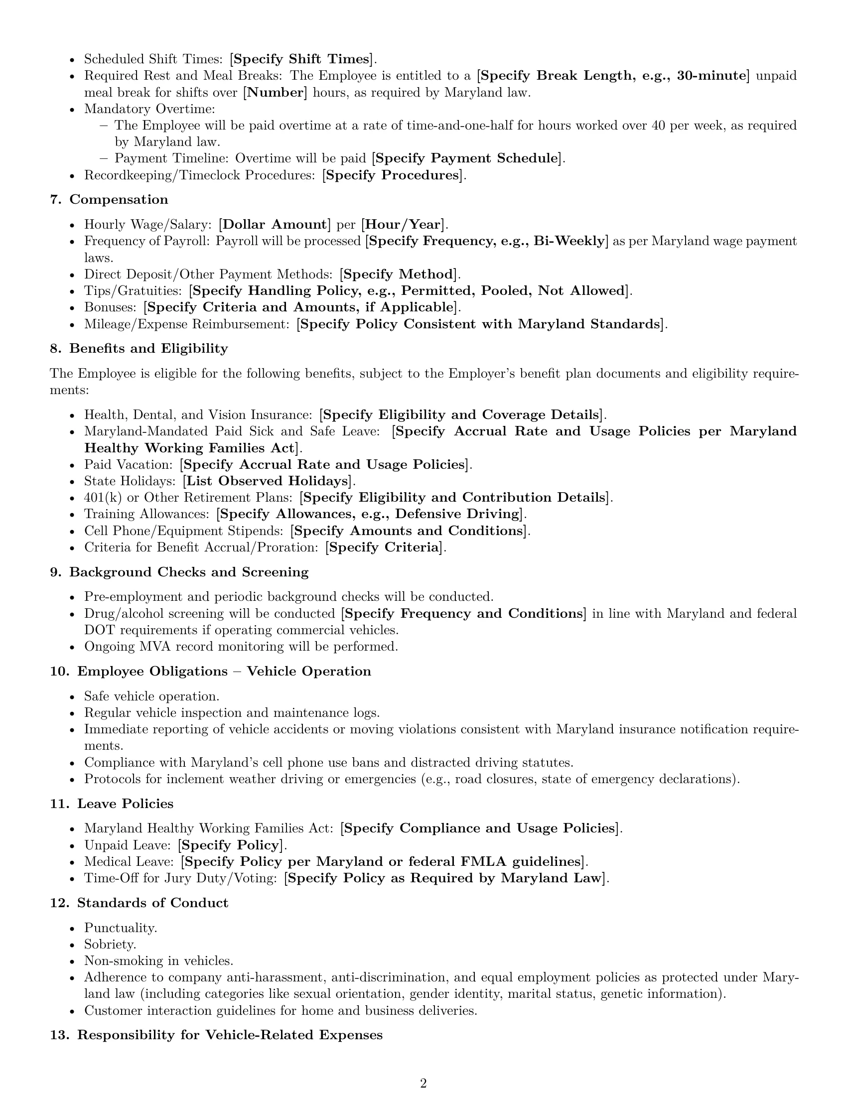 Preview page 2 of Free Maryland delivery driver employment contract template