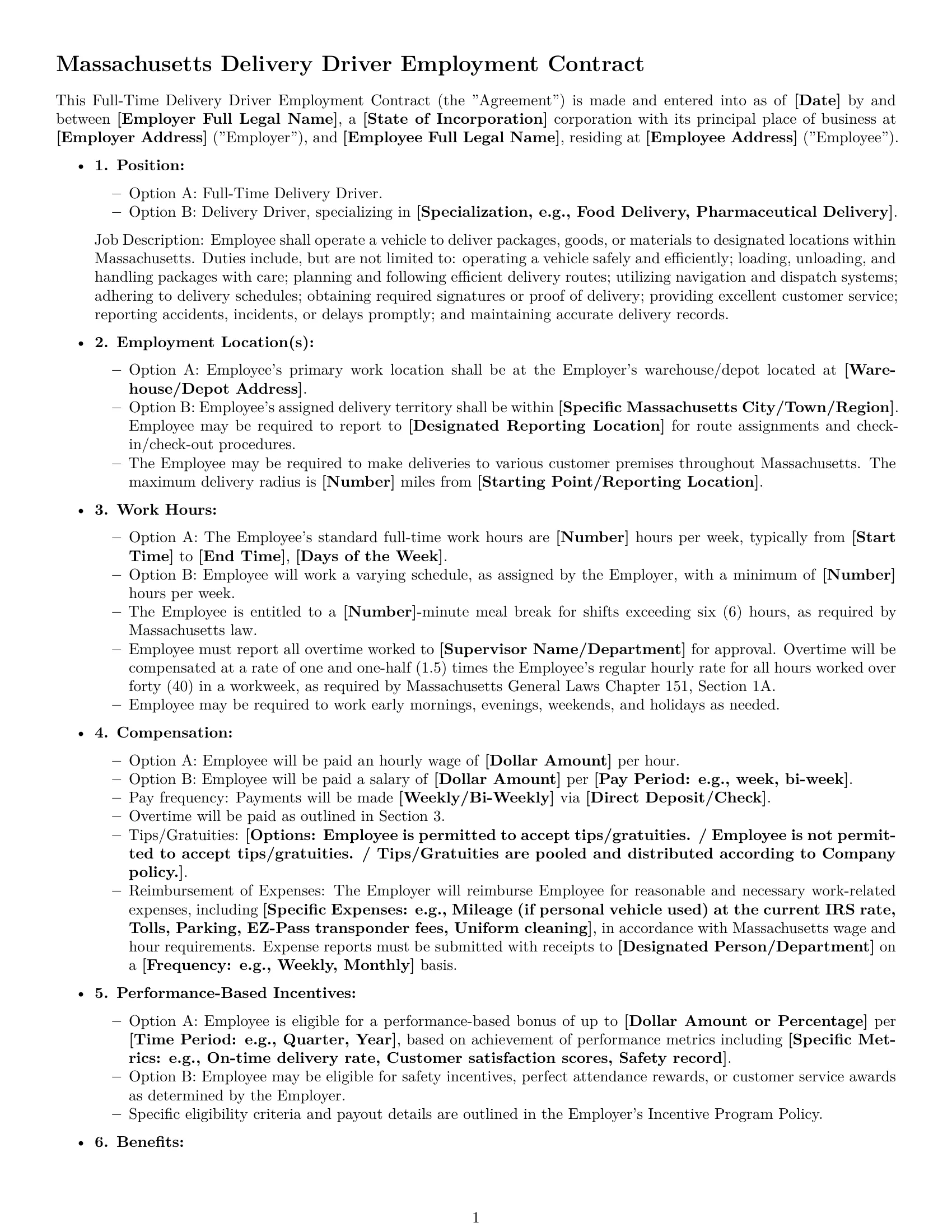 Preview page 1 of Free Massachusetts delivery driver employment contract template