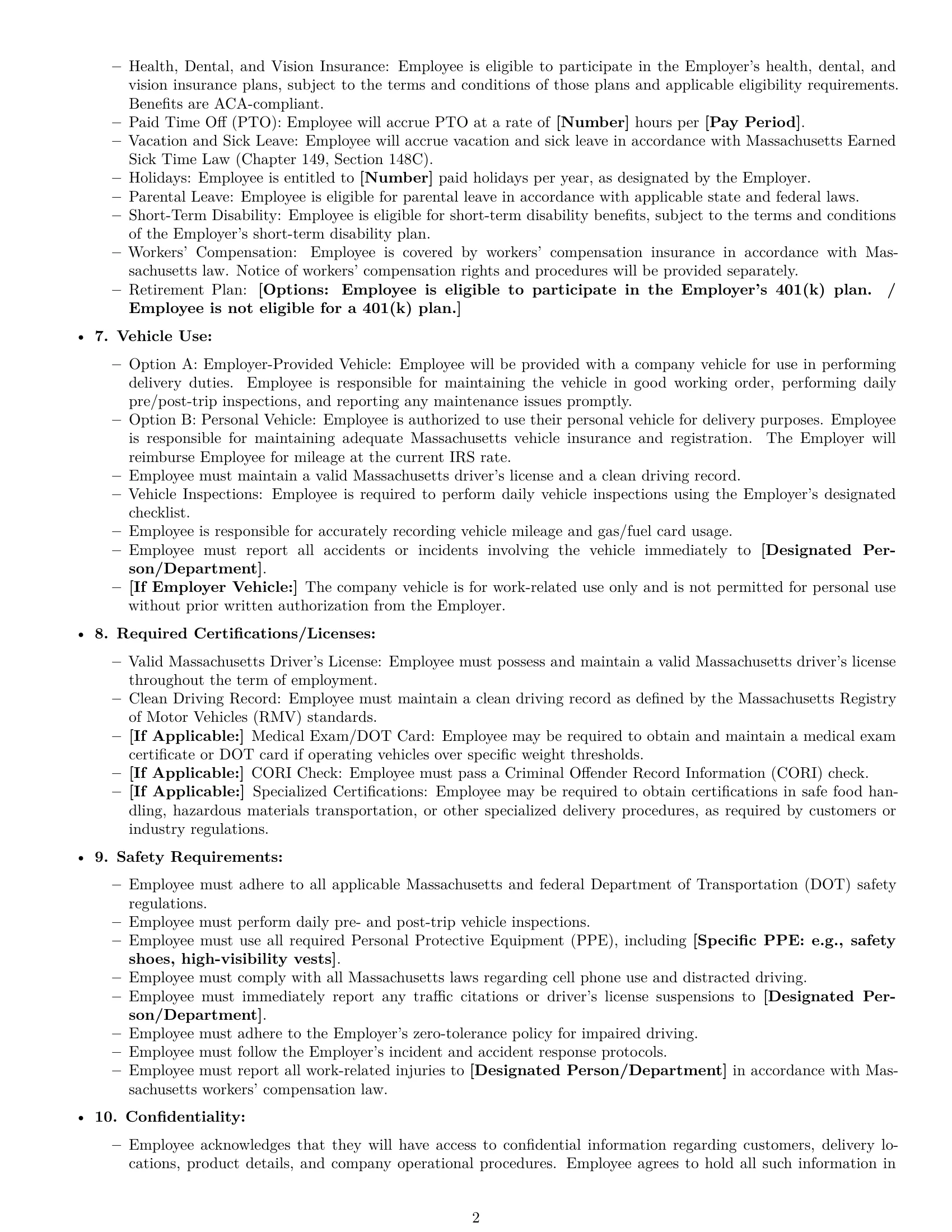 Preview page 2 of Free Massachusetts delivery driver employment contract template