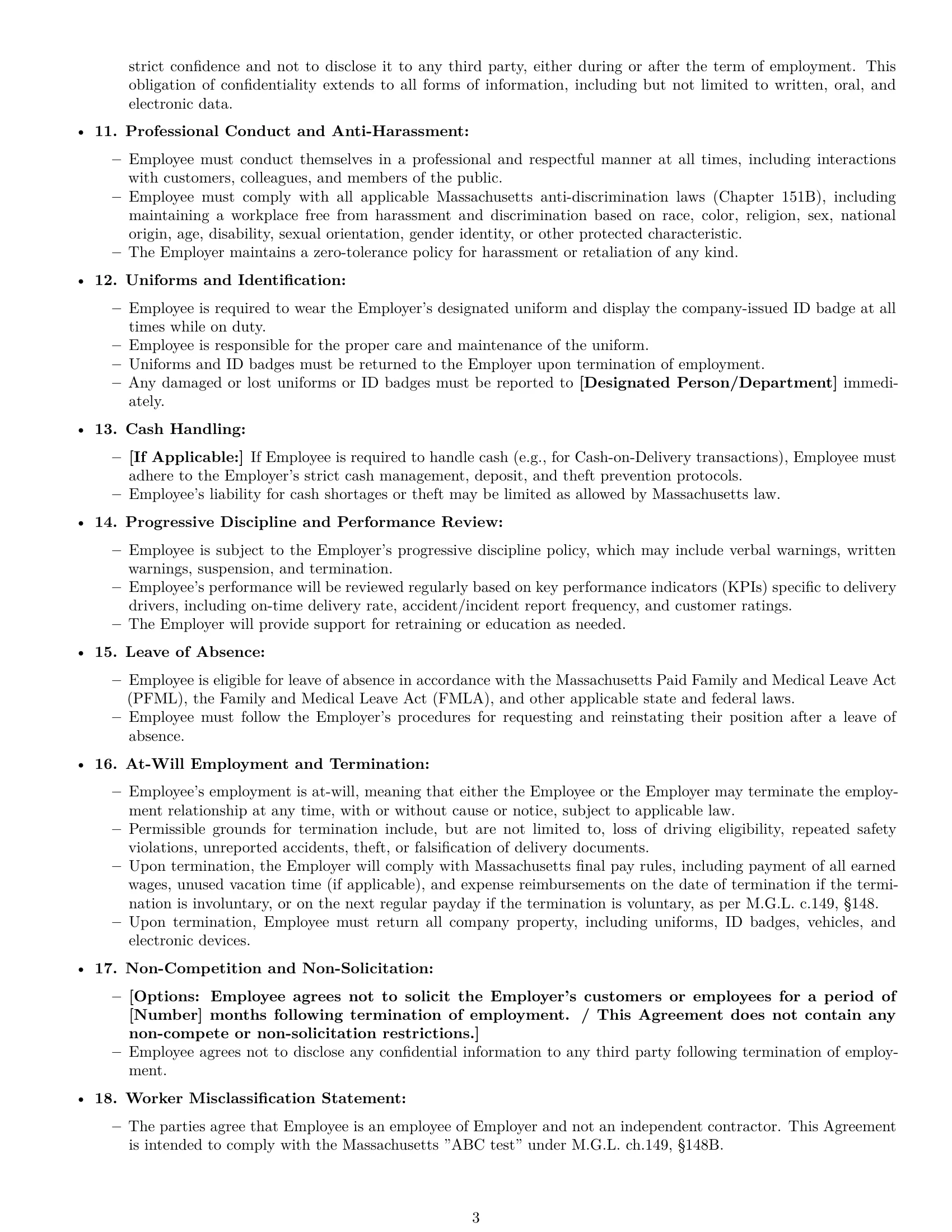 Preview page 3 of Free Massachusetts delivery driver employment contract template