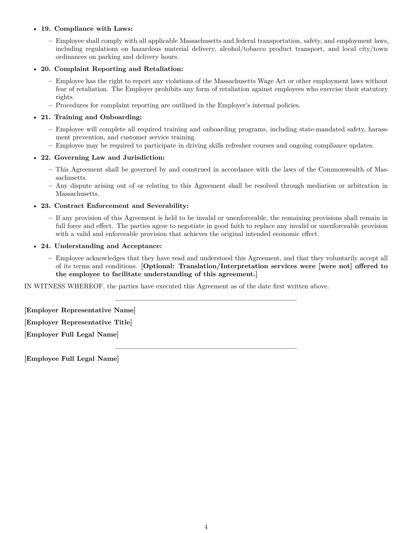 Preview page 4 of Free Massachusetts delivery driver employment contract template