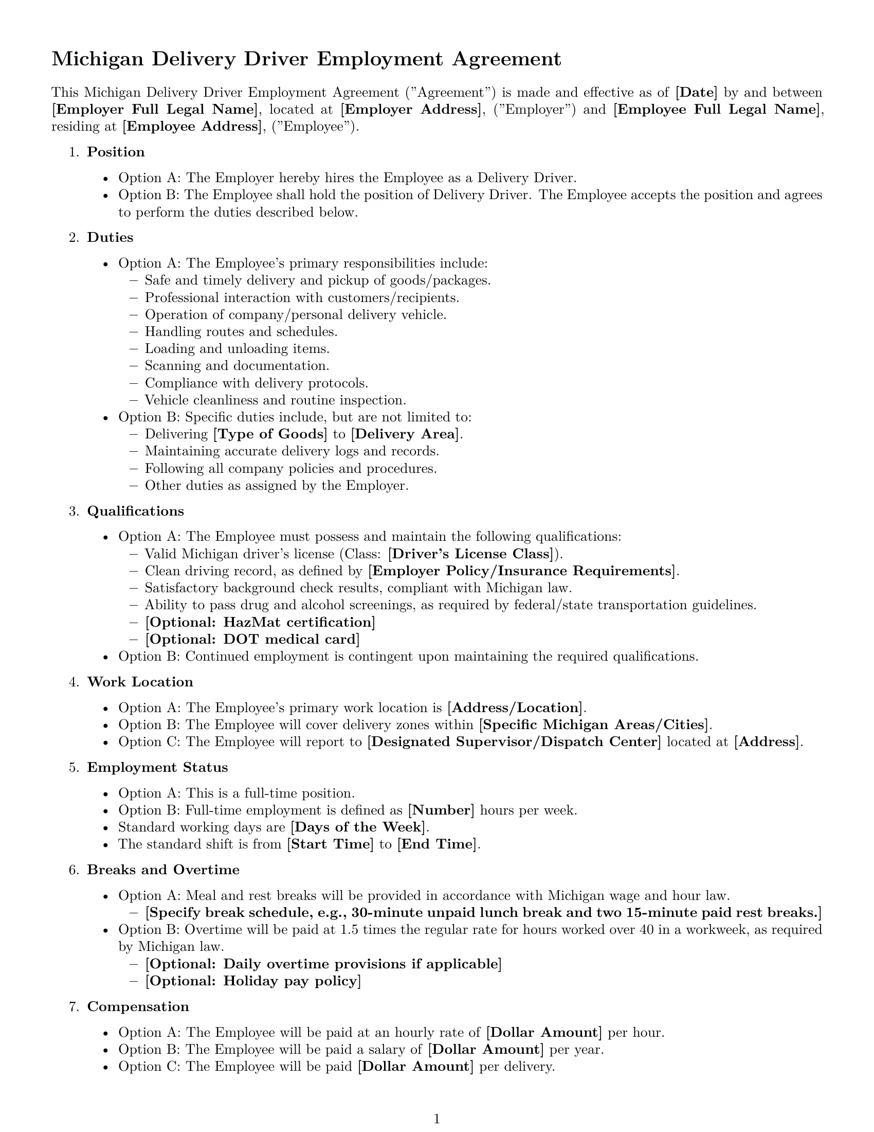 Preview page 1 of Free Michigan delivery driver employment contract template