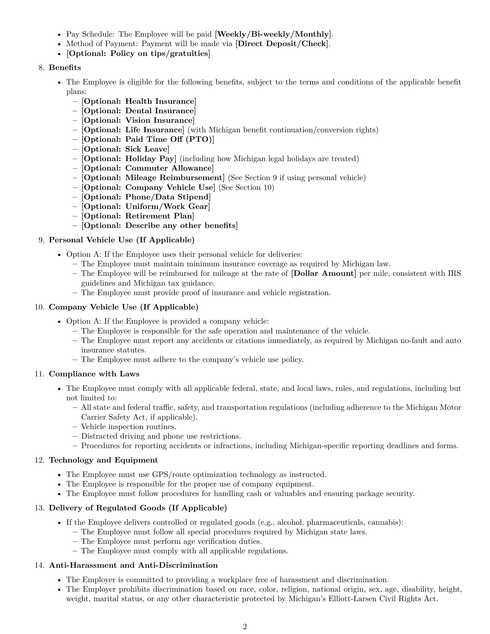 Preview page 2 of Free Michigan delivery driver employment contract template