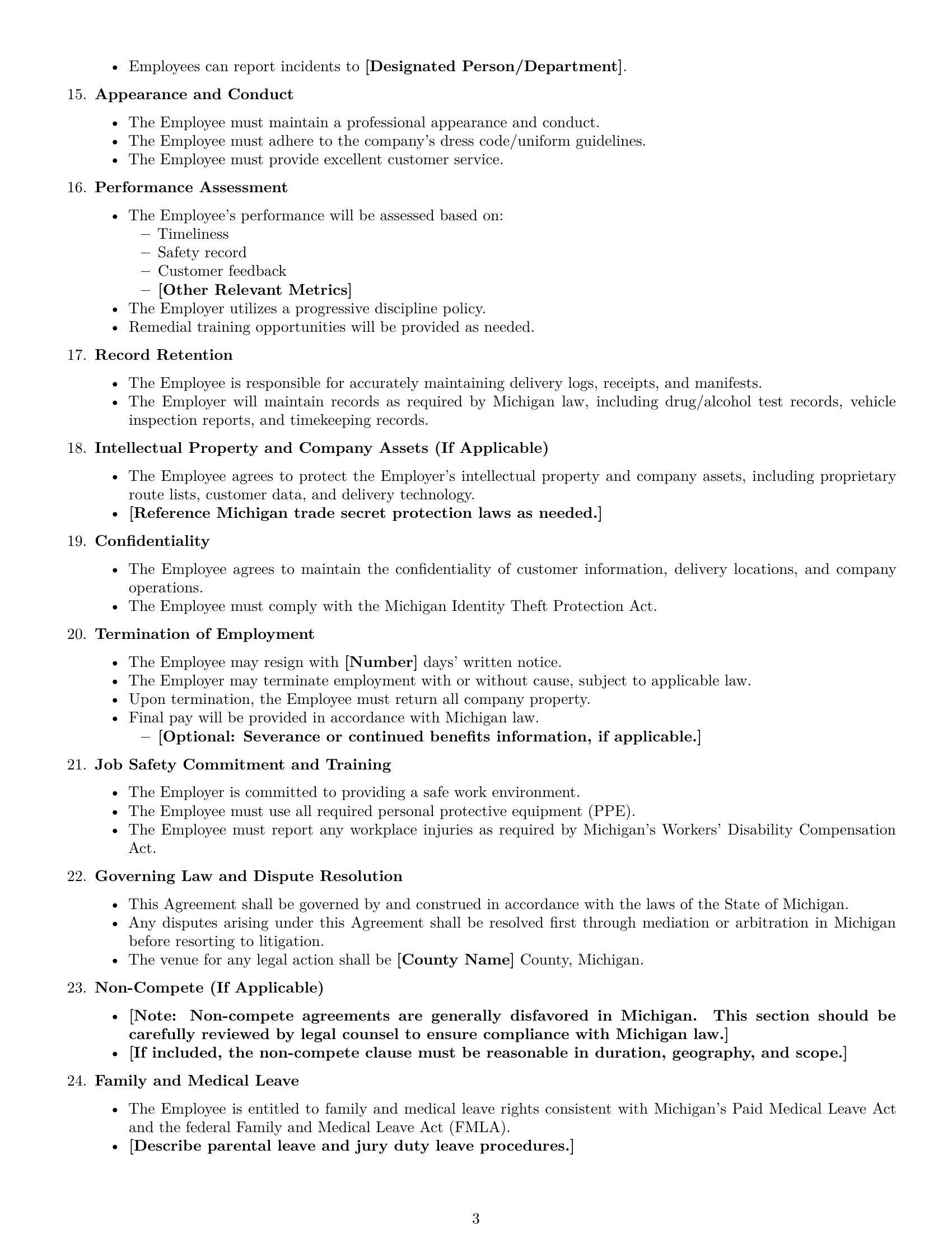 Preview page 3 of Free Michigan delivery driver employment contract template