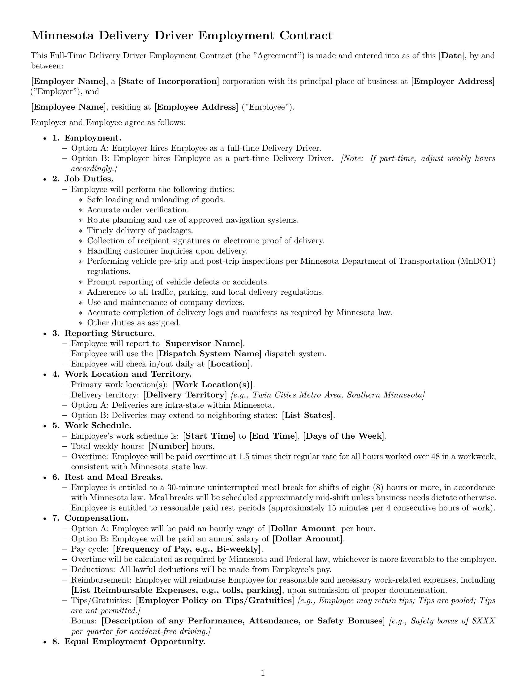 Preview page 1 of Free Minnesota delivery driver employment contract template