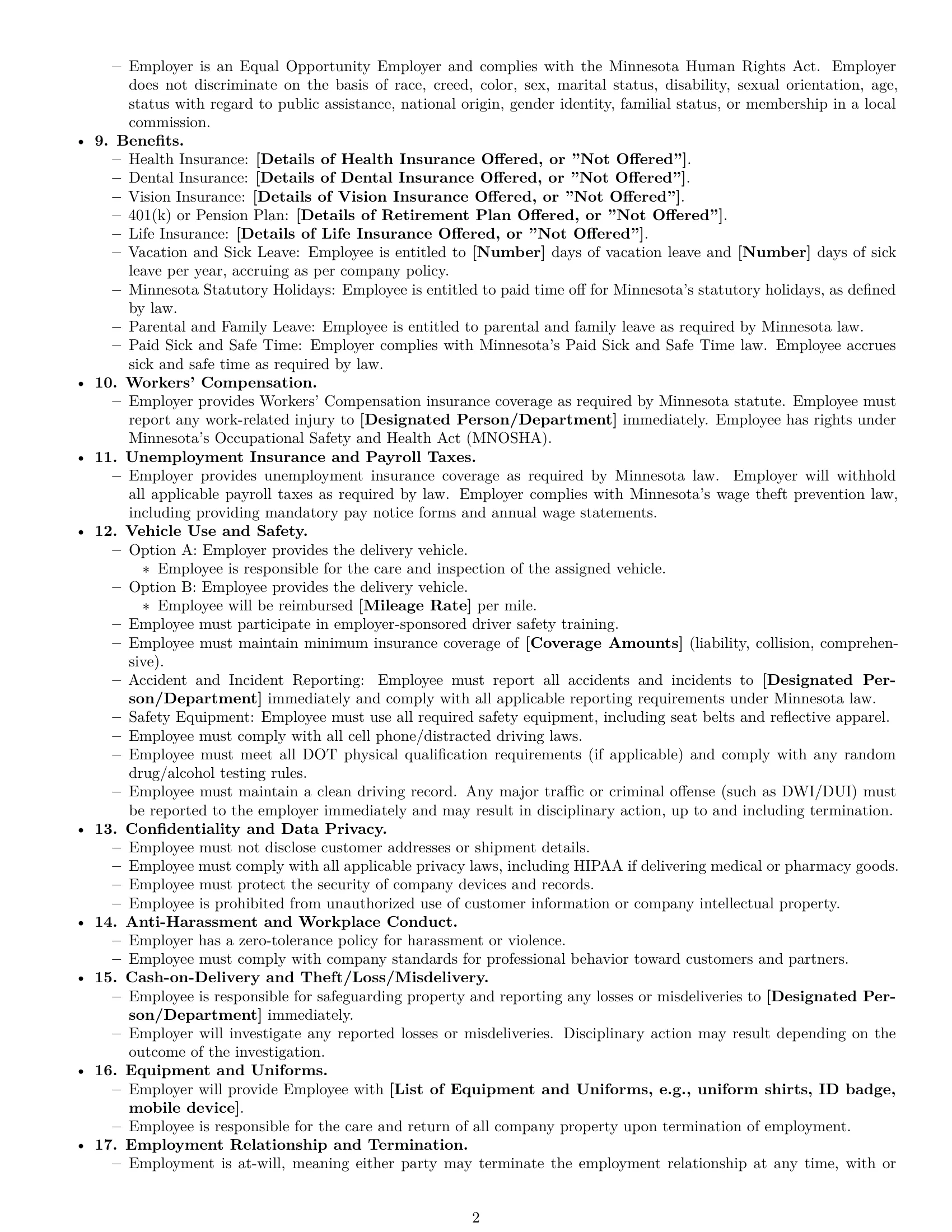 Preview page 2 of Free Minnesota delivery driver employment contract template