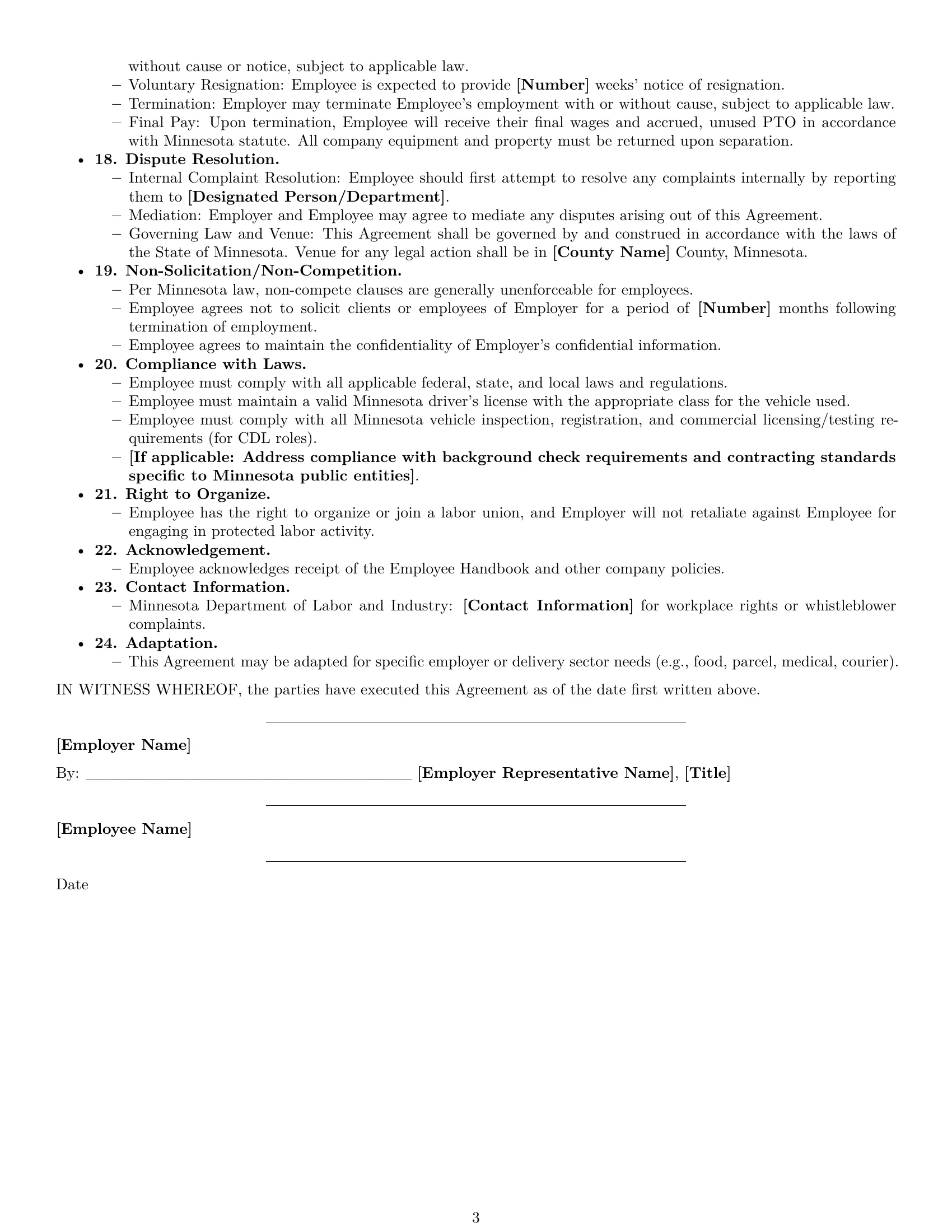 Preview page 3 of Free Minnesota delivery driver employment contract template