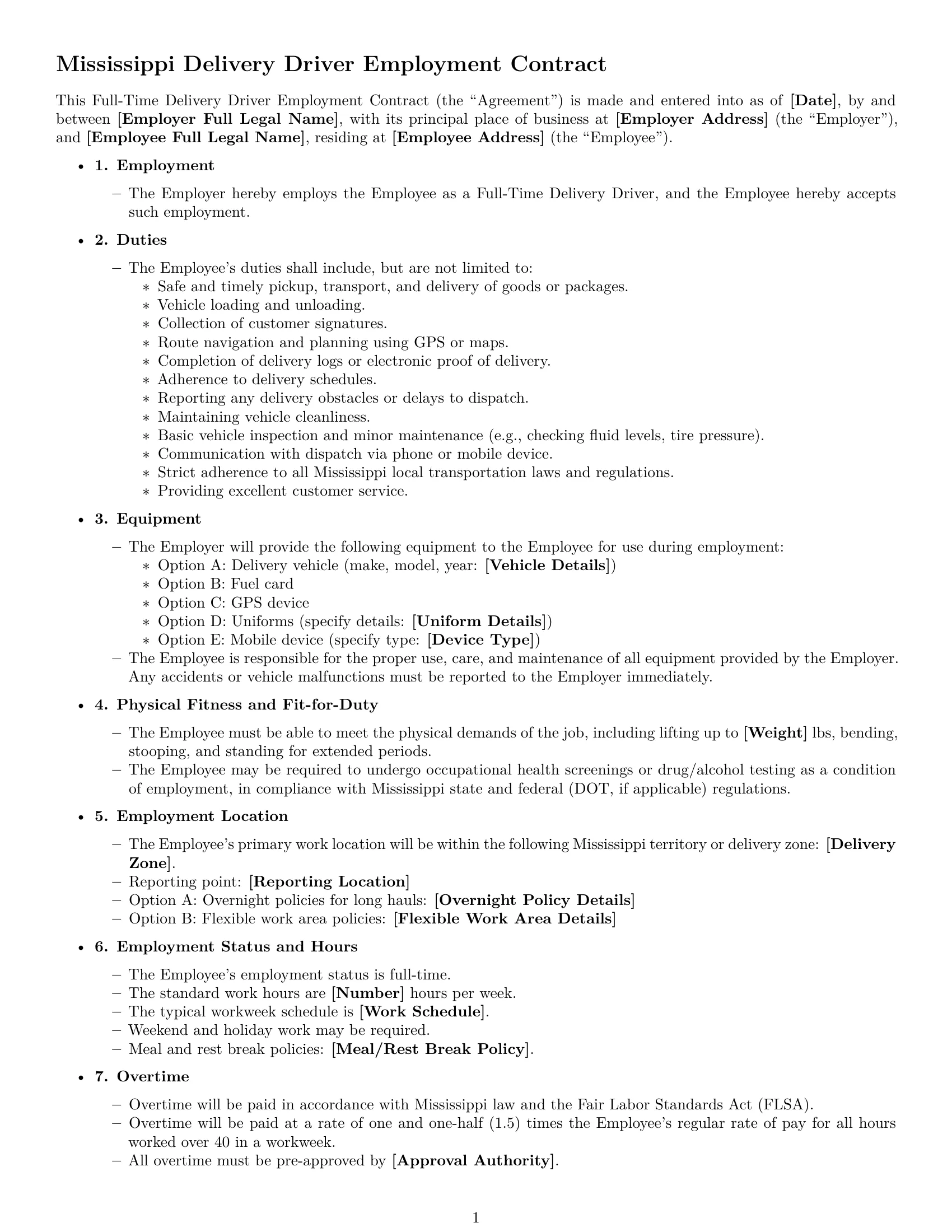 Preview page 1 of Free Mississippi delivery driver employment contract template