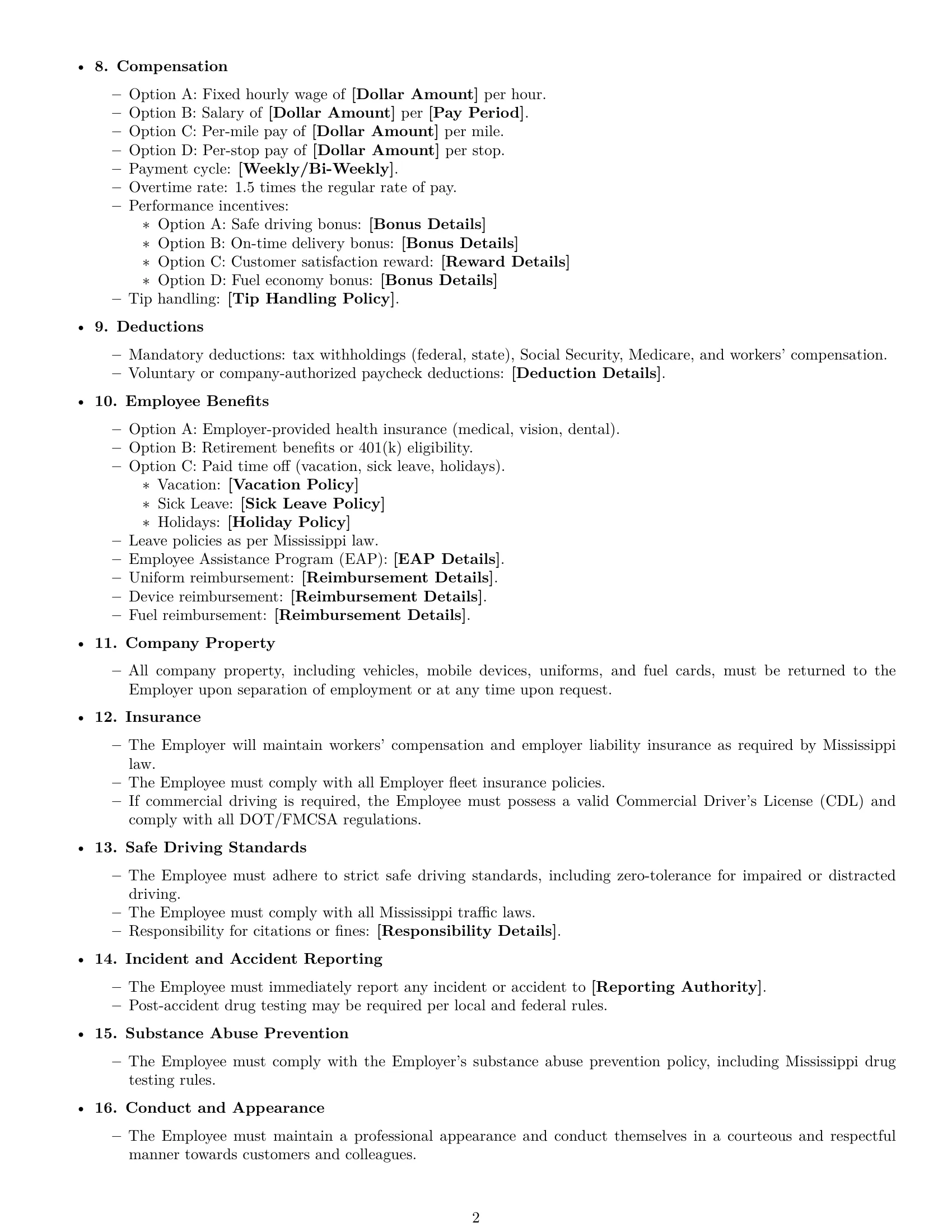 Preview page 2 of Free Mississippi delivery driver employment contract template