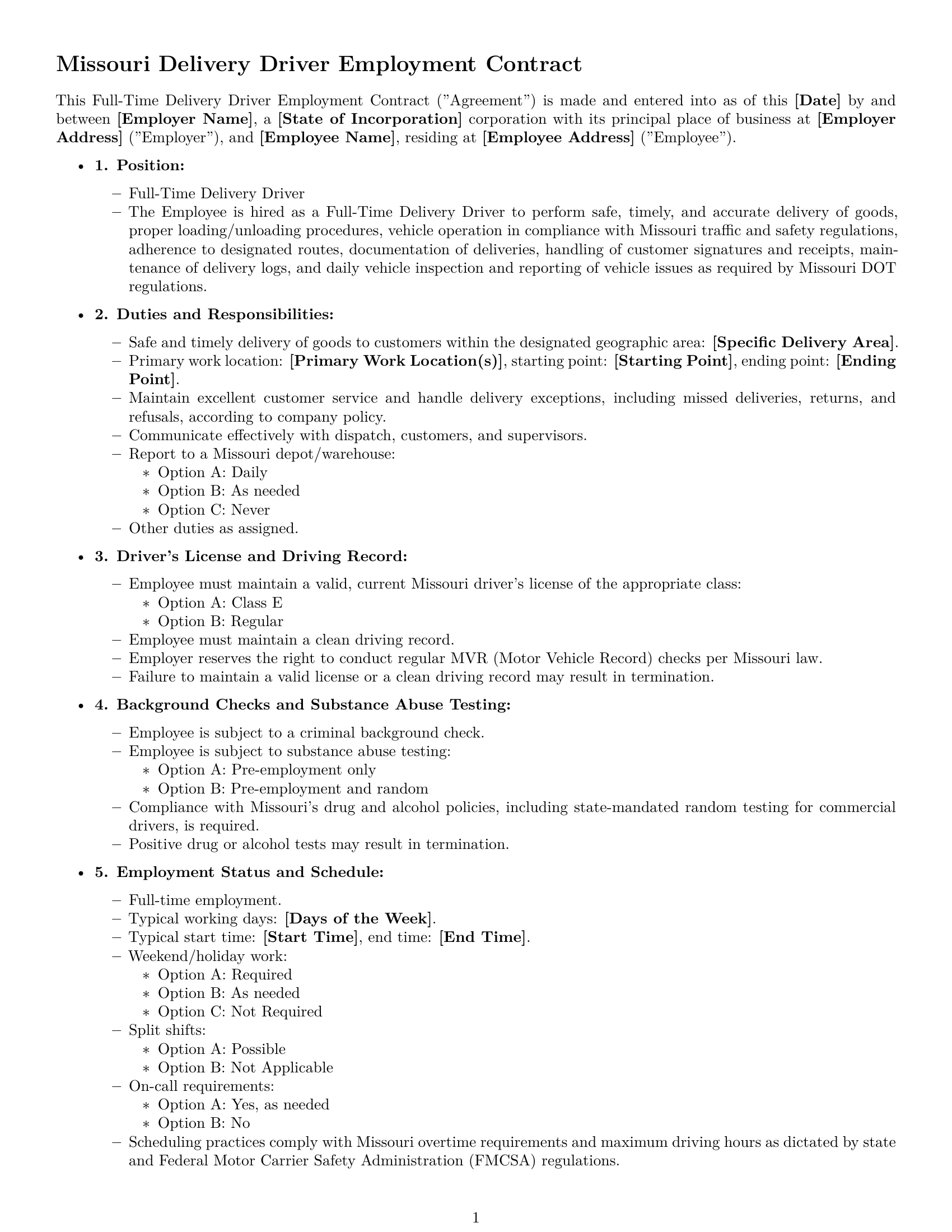 Preview page 1 of Free Missouri delivery driver employment contract template