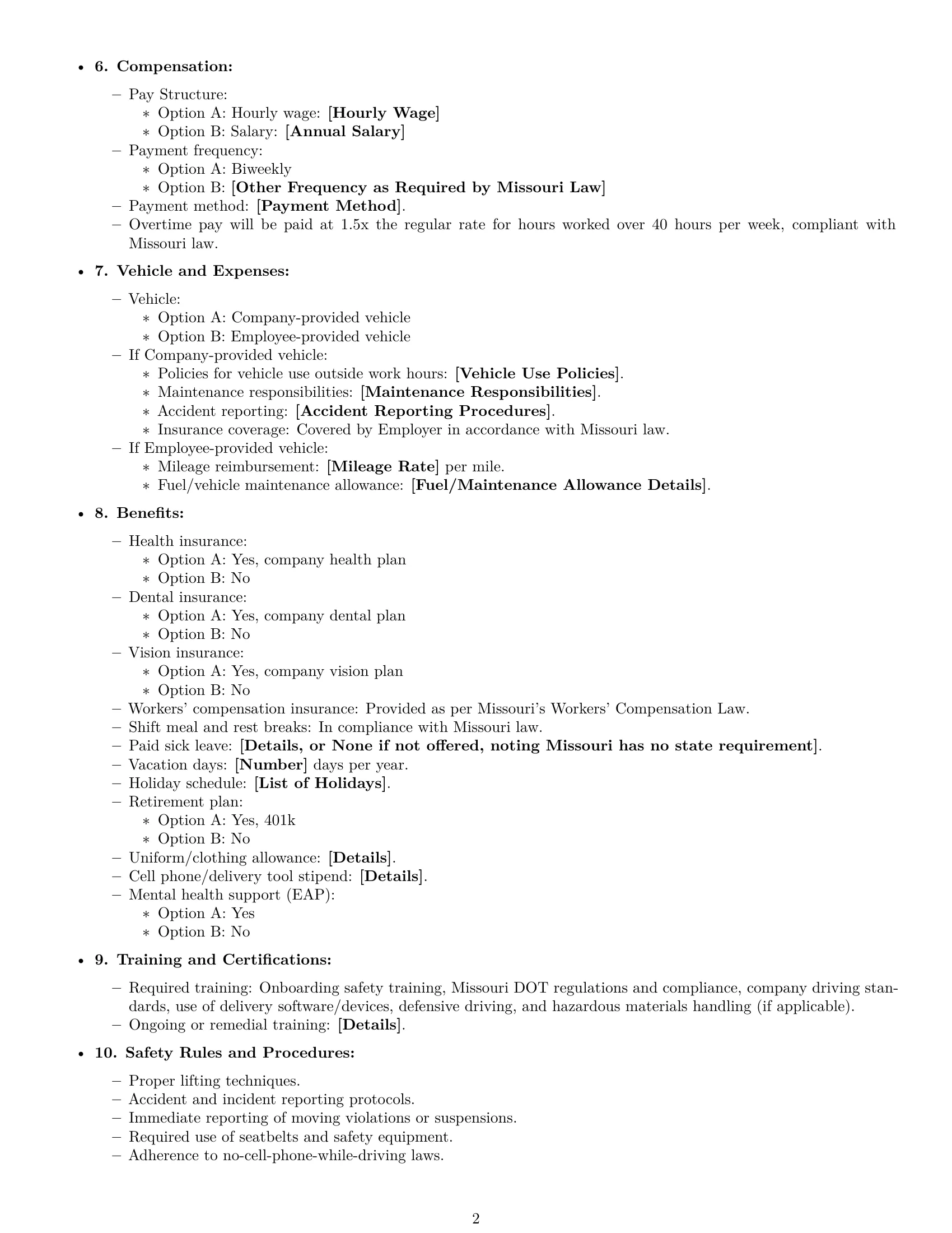 Preview page 2 of Free Missouri delivery driver employment contract template
