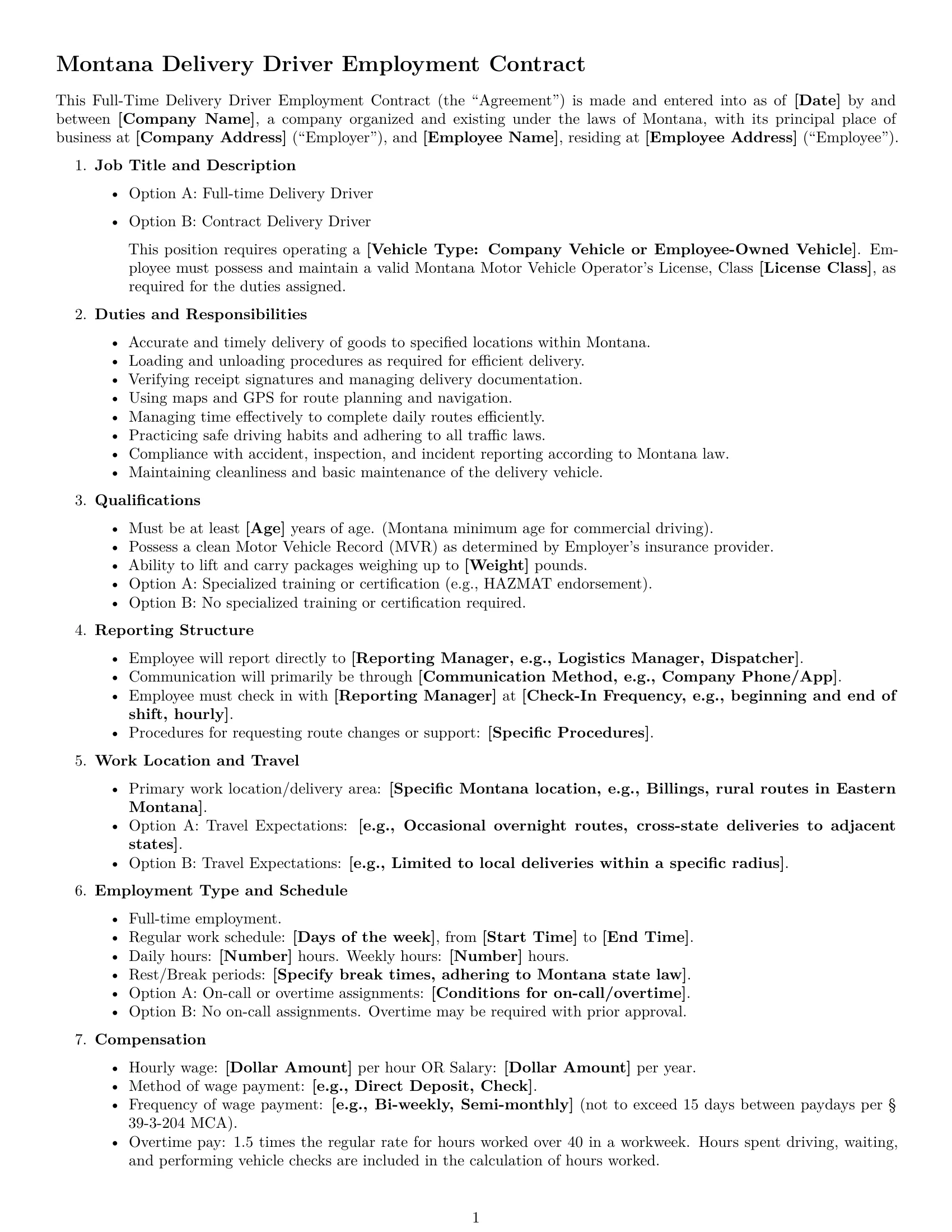 Preview page 1 of Free Montana delivery driver employment contract template