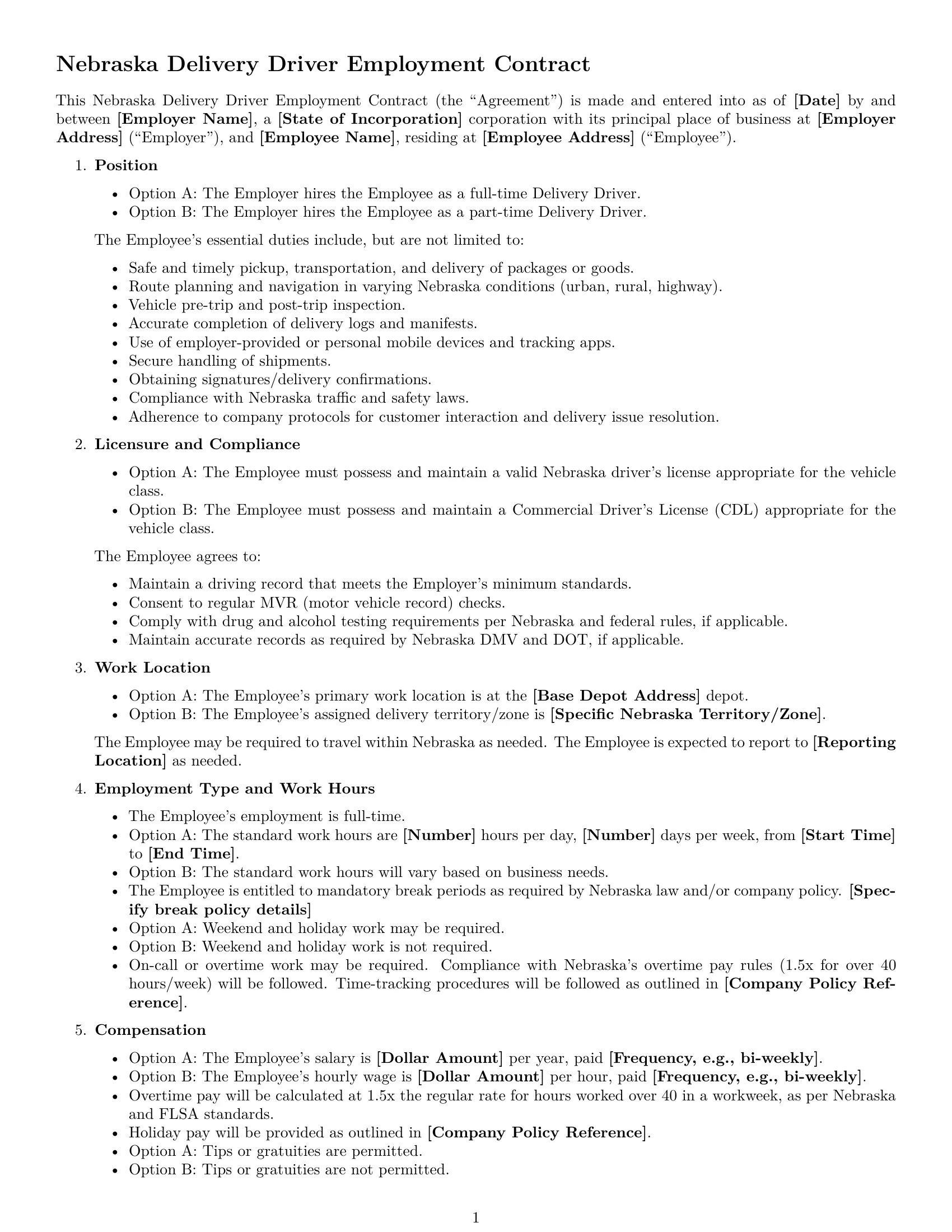 Preview page 1 of Free Nebraska delivery driver employment contract template