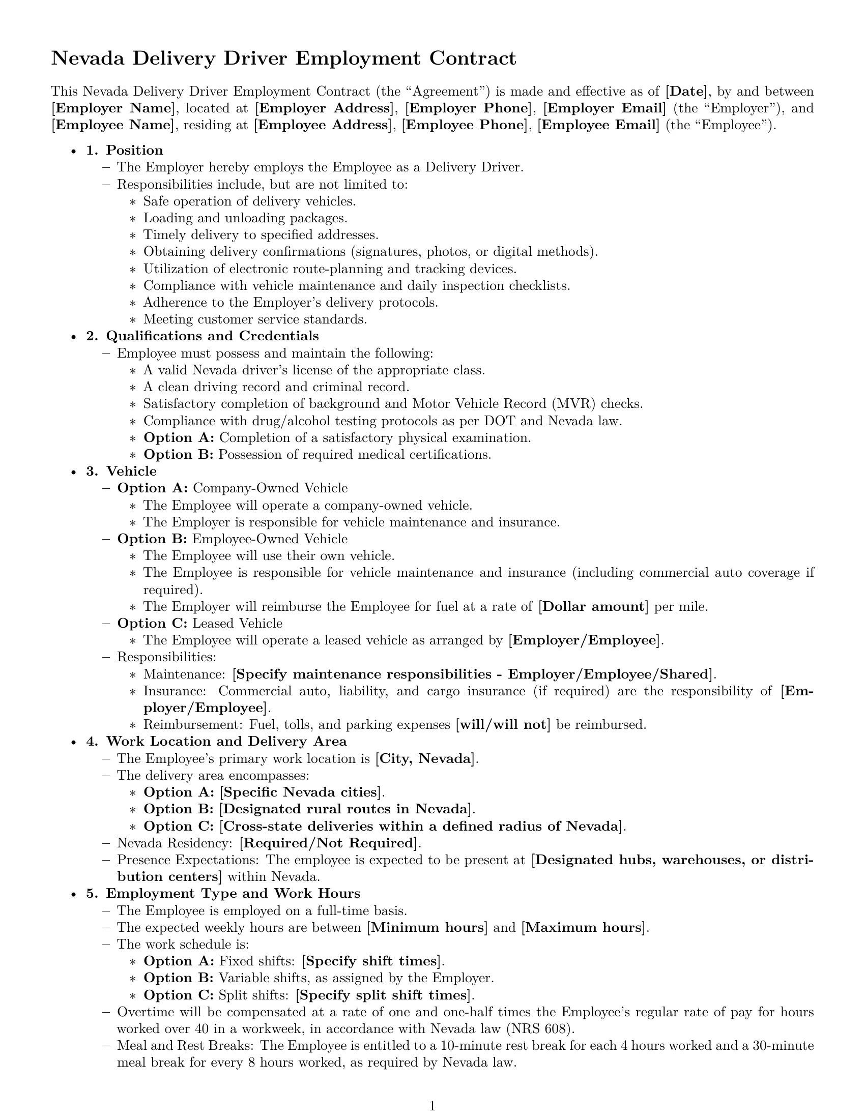 Preview page 1 of Free Nevada delivery driver employment contract template