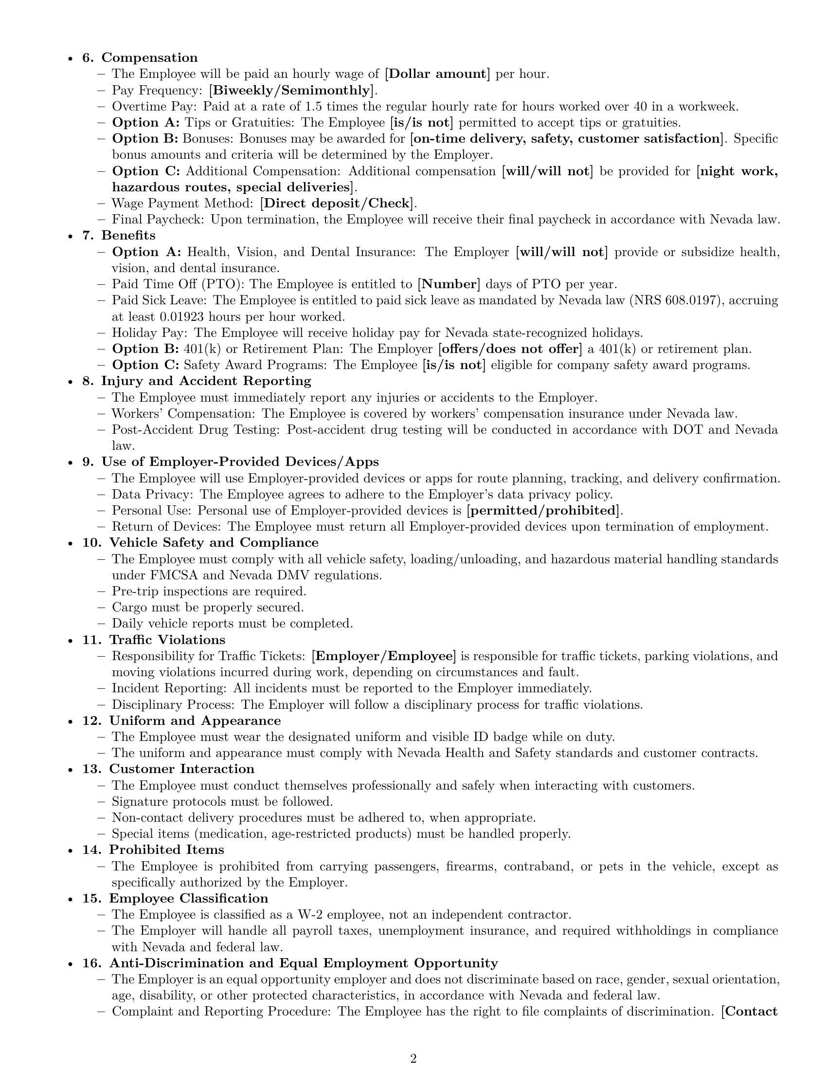 Preview page 2 of Free Nevada delivery driver employment contract template