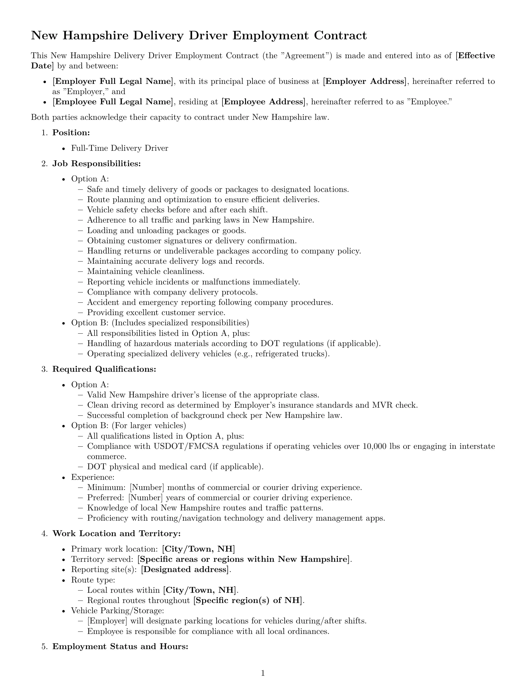 Preview page 1 of Free New Hampshire delivery driver employment contract template