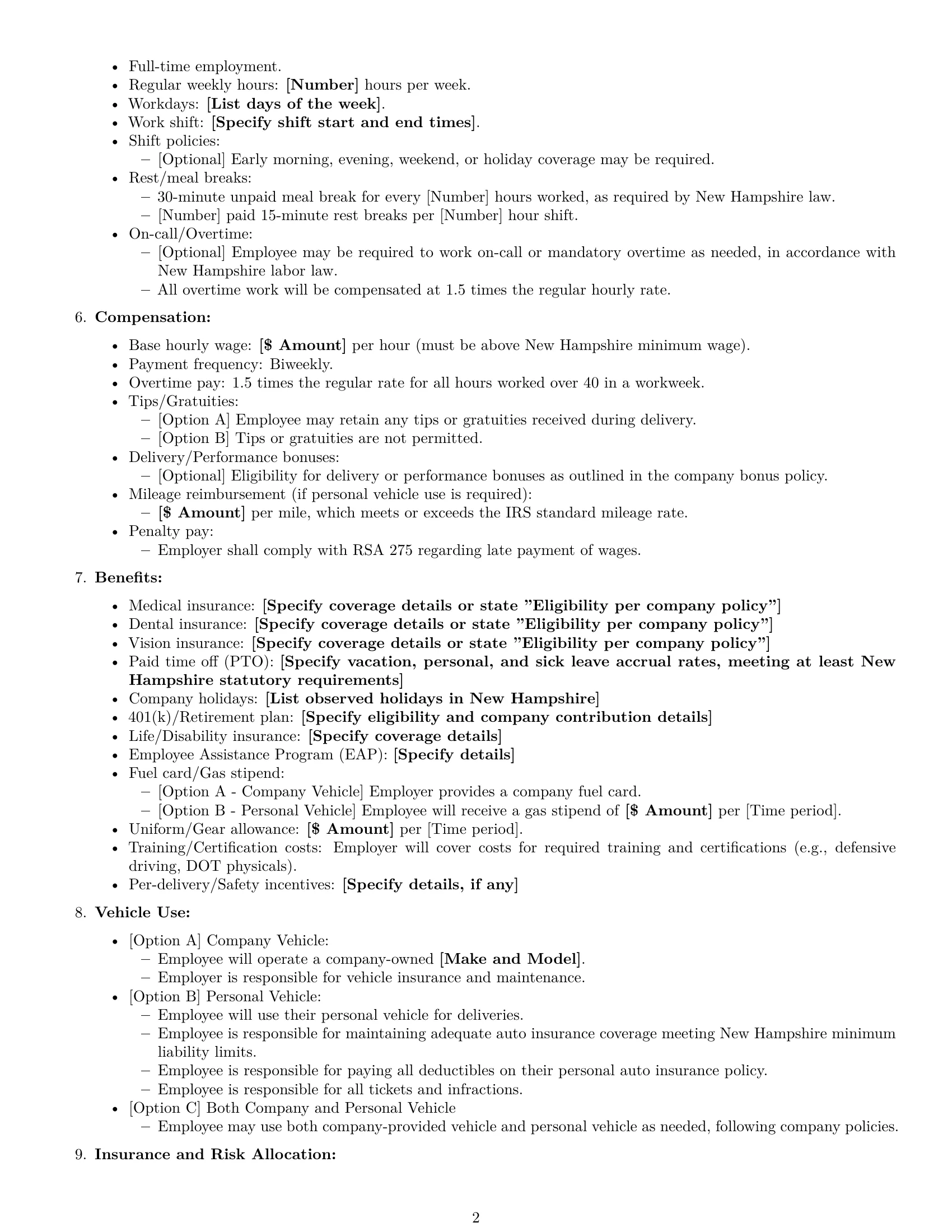 Preview page 2 of Free New Hampshire delivery driver employment contract template