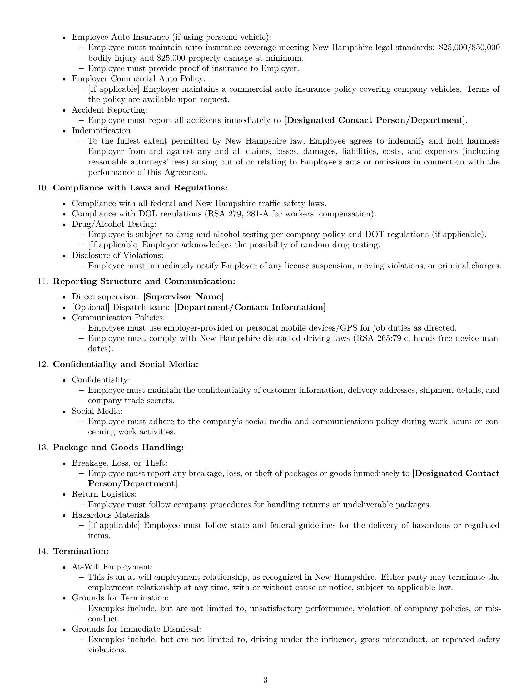 Preview page 3 of Free New Hampshire delivery driver employment contract template
